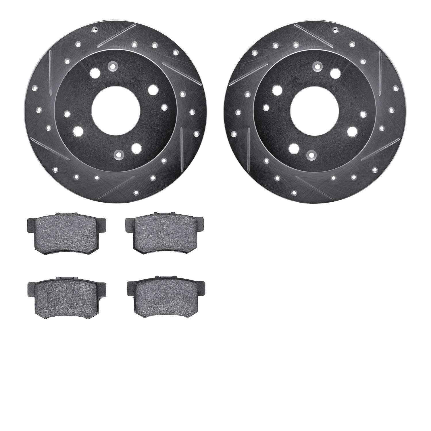 7302-58017 Drilled/Slotted Brake Rotor with 3000-Series Ceramic Brake Pads Kit [Silver], 1995-1998 Acura/Honda, Position: Rear