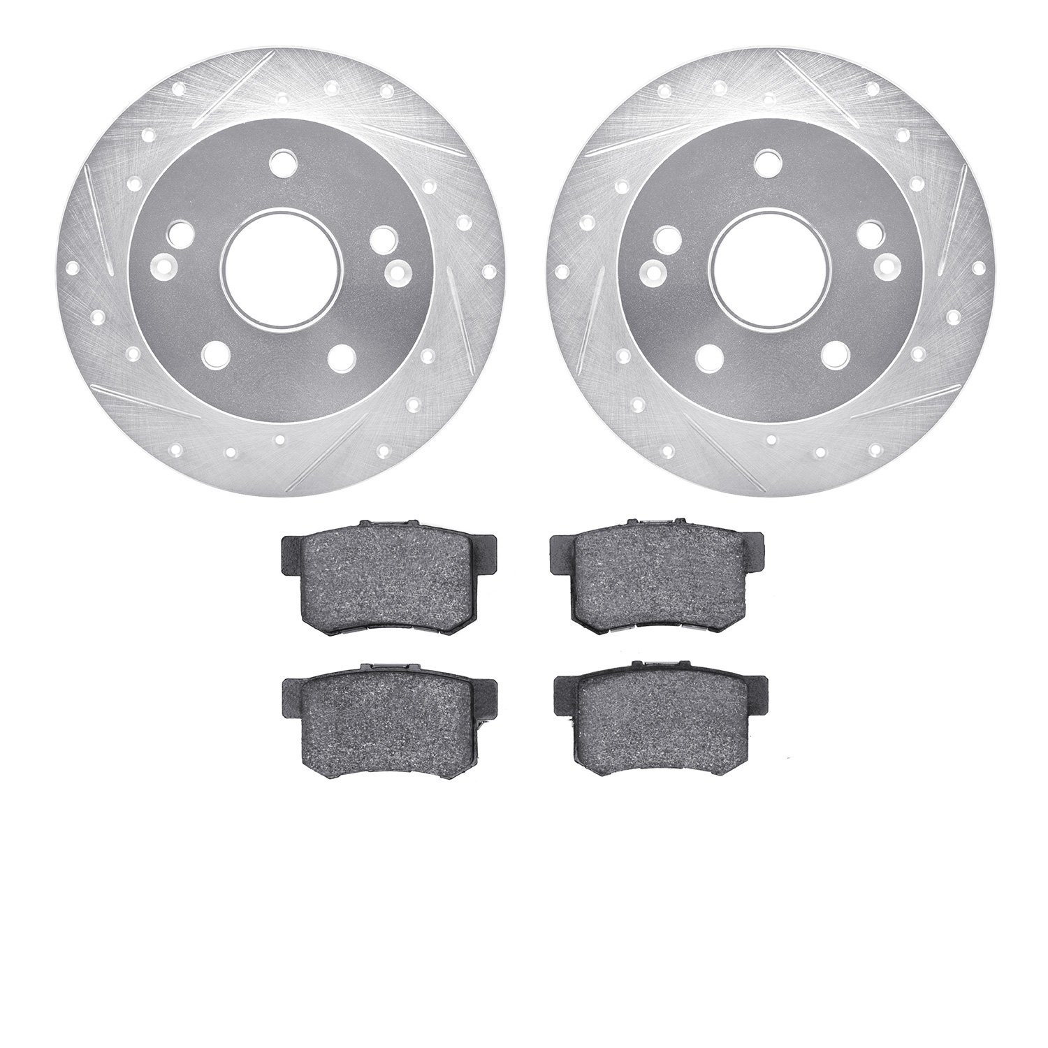 7302-58018 Drilled/Slotted Brake Rotor with 3000-Series Ceramic Brake Pads Kit [Silver], 1996-1998 Acura/Honda, Position: Rear