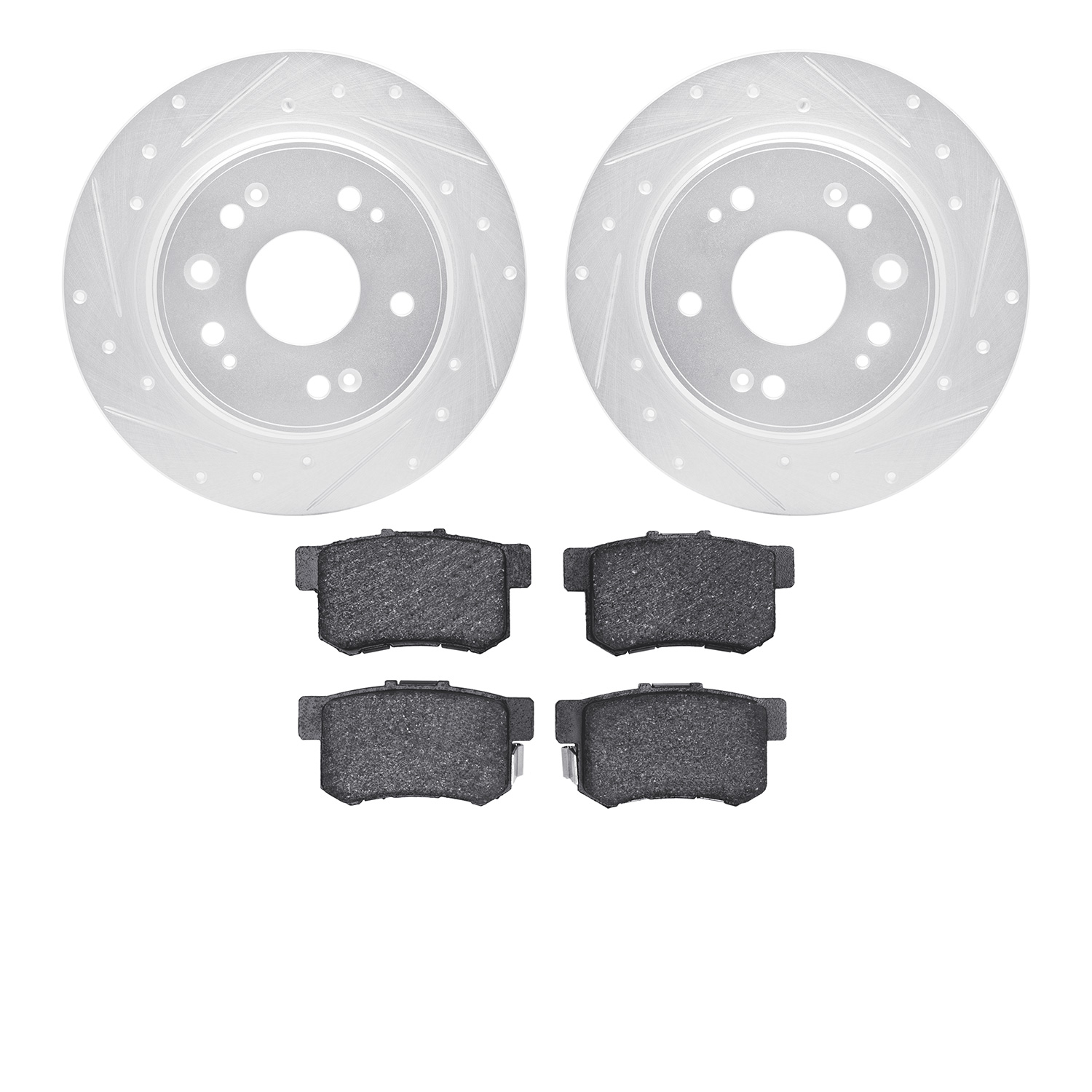 7302-59040 Drilled/Slotted Brake Rotor with 3000-Series Ceramic Brake Pads Kit [Silver], 2002-2004 Acura/Honda, Position: Rear