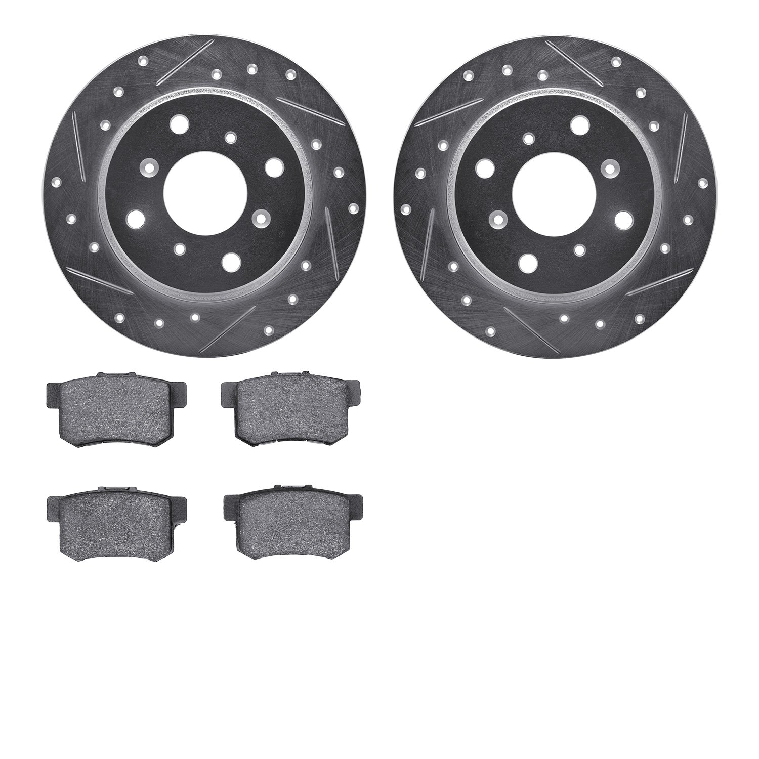 7302-59042 Drilled/Slotted Brake Rotor with 3000-Series Ceramic Brake Pads Kit [Silver], 1992-1996 Acura/Honda, Position: Rear
