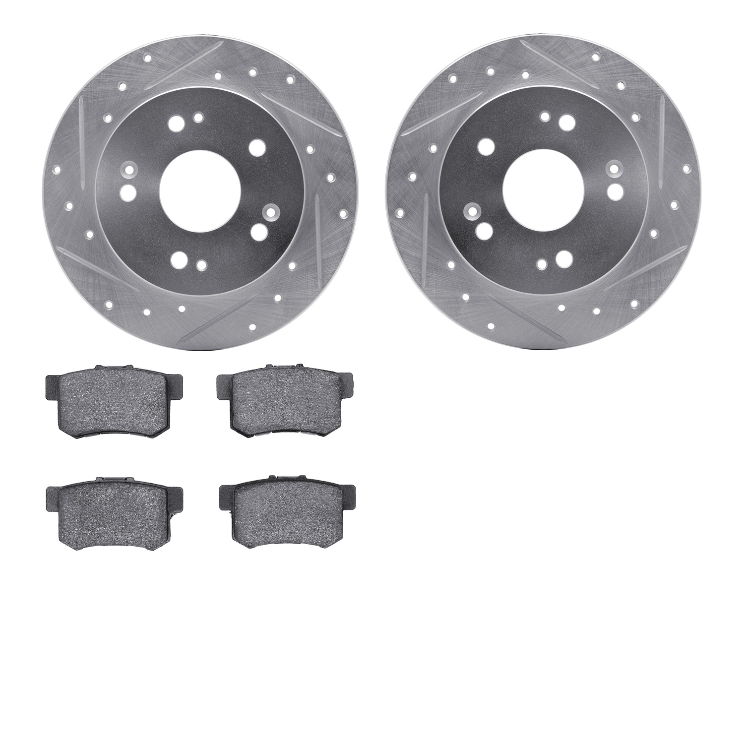 7302-59044 Drilled/Slotted Brake Rotor with 3000-Series Ceramic Brake Pads Kit [Silver], 1997-2015 Acura/Honda, Position: Rear