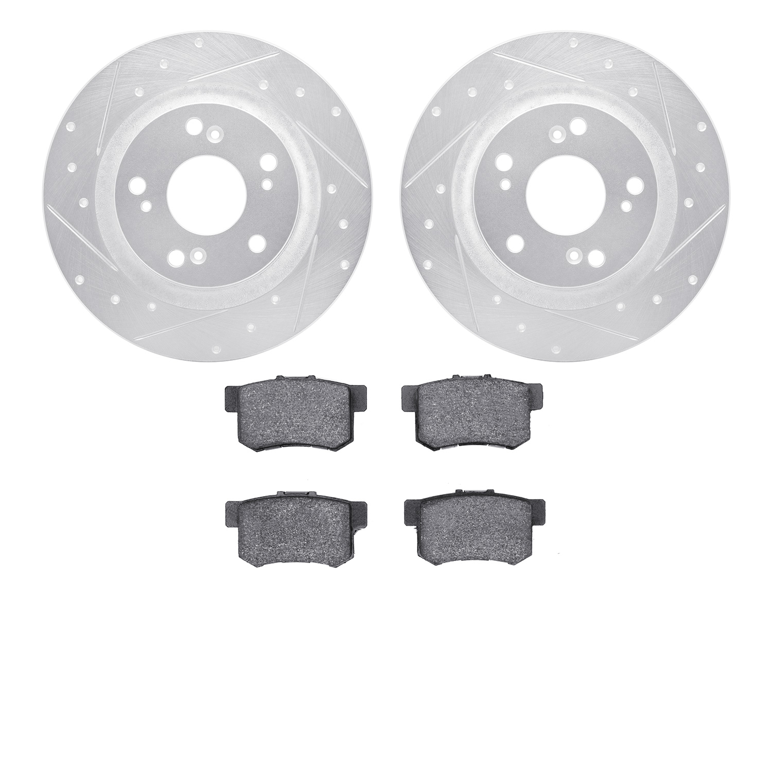 7302-59054 Drilled/Slotted Brake Rotor with 3000-Series Ceramic Brake Pads Kit [Silver], 2000-2009 Acura/Honda, Position: Rear