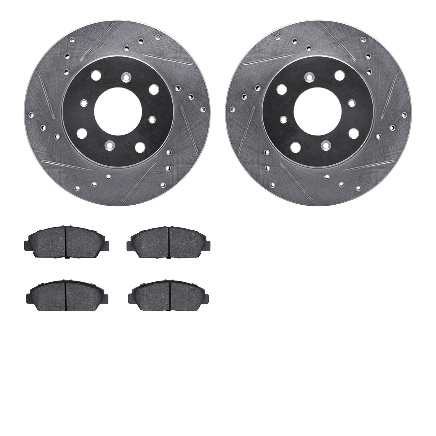 7302-59055 Drilled/Slotted Brake Rotor with 3000-Series Ceramic Brake Pads Kit [Silver], 1992-1996 Acura/Honda, Position: Front