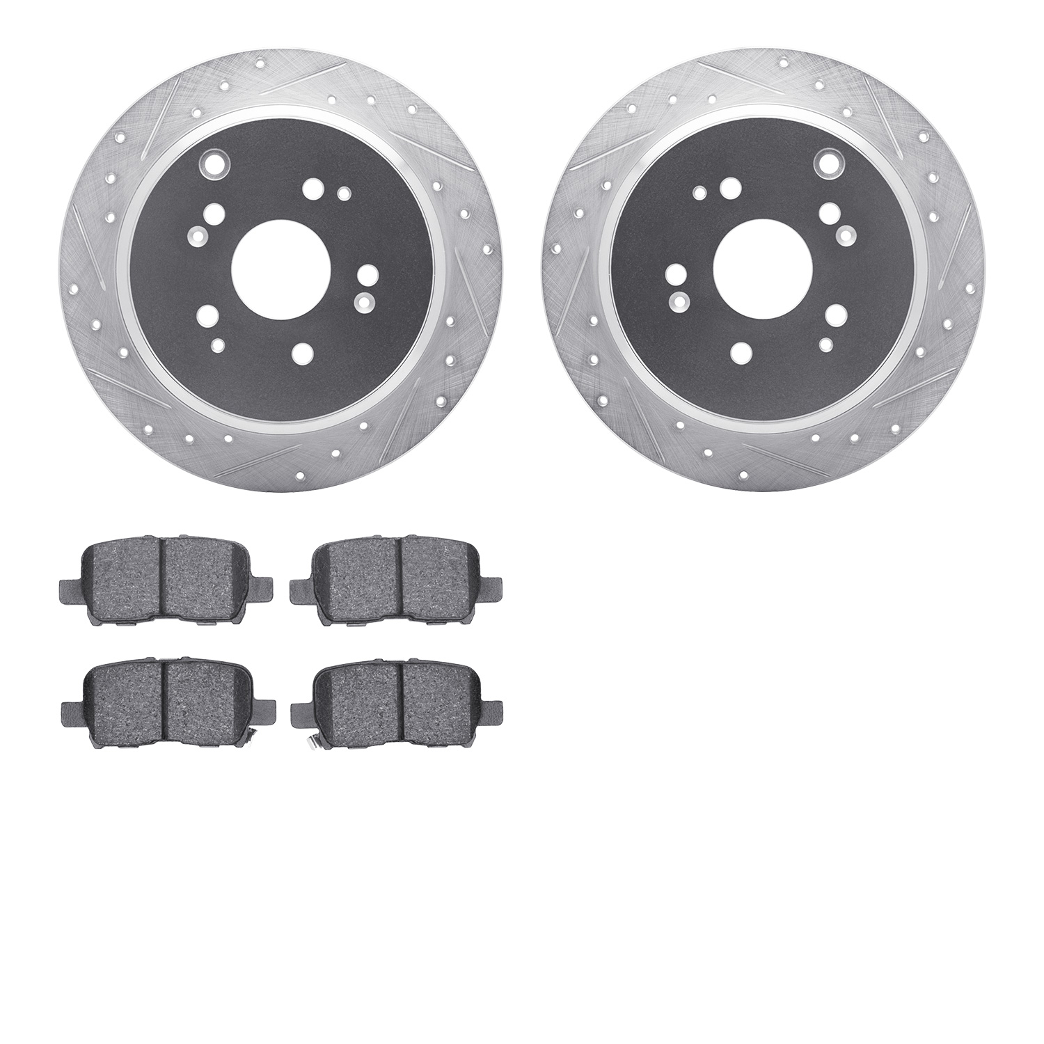 7302-59063 Drilled/Slotted Brake Rotor with 3000-Series Ceramic Brake Pads Kit [Silver], 2002-2004 Acura/Honda, Position: Rear