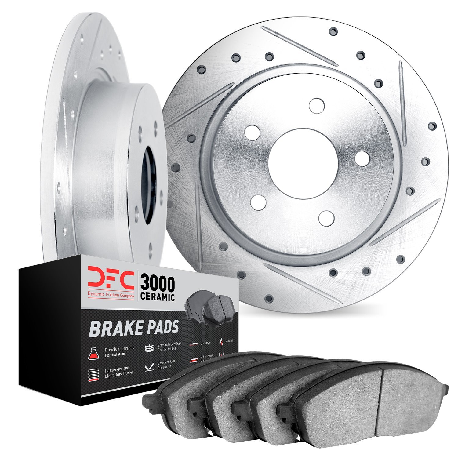 7302-63003 Drilled/Slotted Brake Rotor with 3000-Series Ceramic Brake Pads Kit [Silver], 1961-1991 Mercedes-Benz, Position: Rear