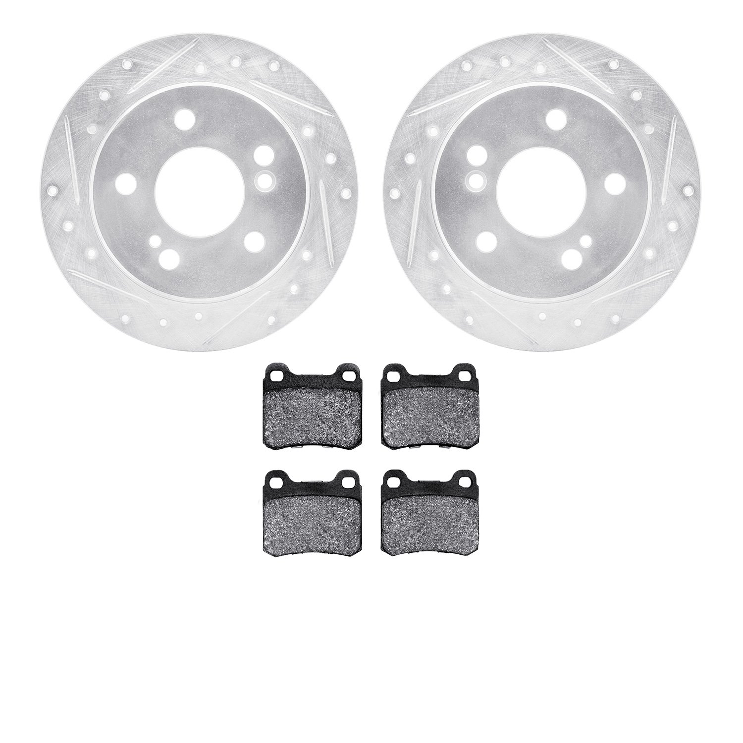 7302-63007 Drilled/Slotted Brake Rotor with 3000-Series Ceramic Brake Pads Kit [Silver], 1984-1995 Mercedes-Benz, Position: Rear