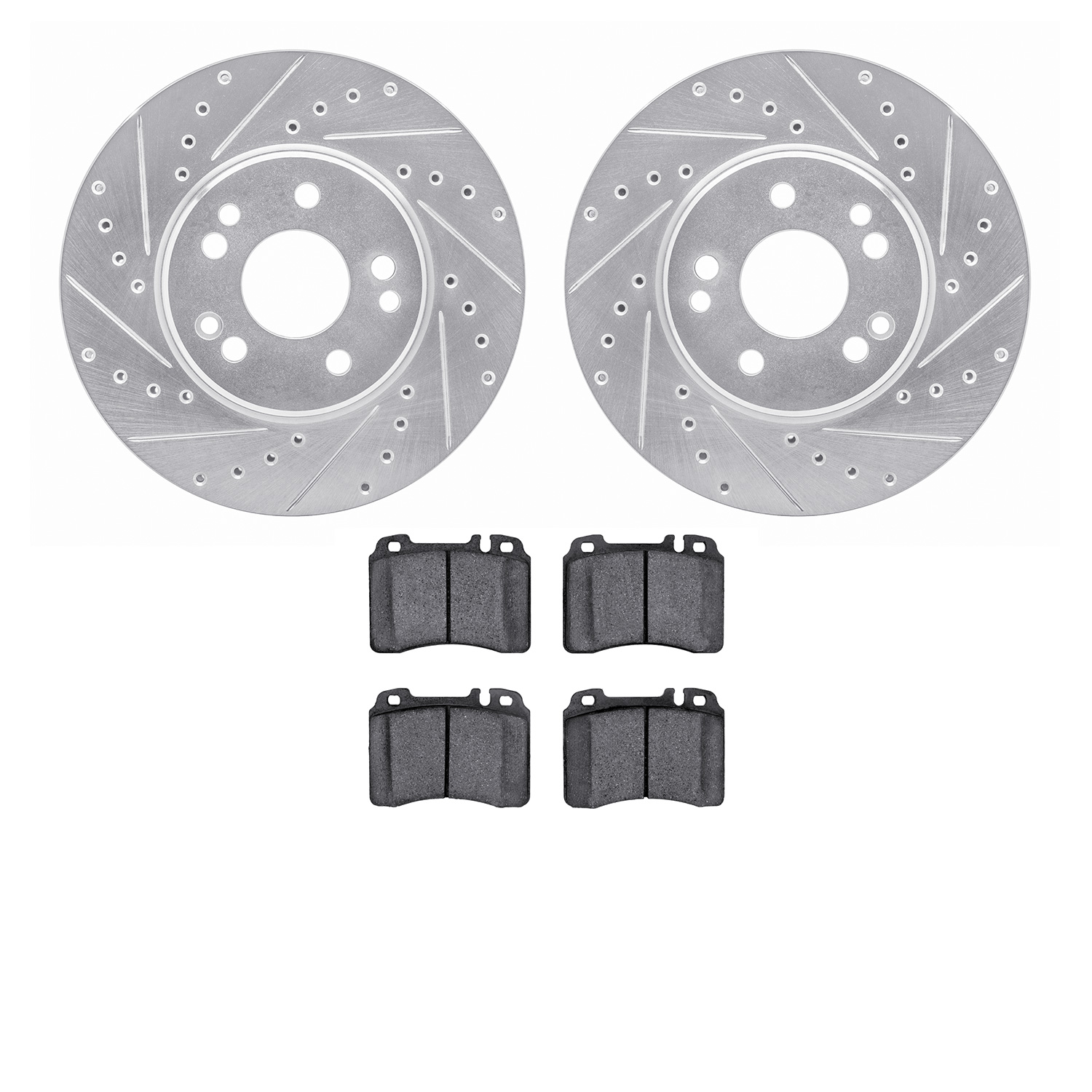 7302-63010 Drilled/Slotted Brake Rotor with 3000-Series Ceramic Brake Pads Kit [Silver], 1990-1998 Mercedes-Benz, Position: Fron