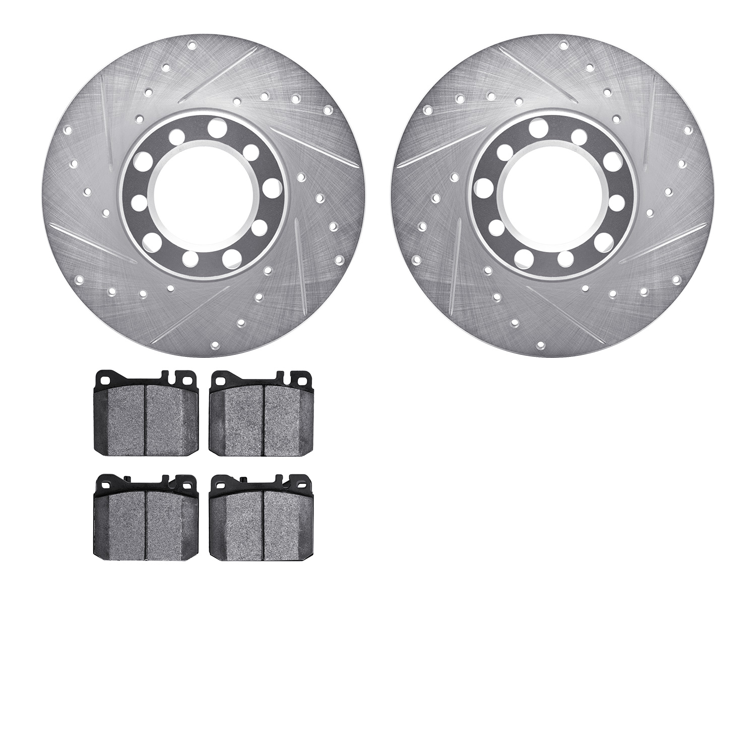 7302-63028 Drilled/Slotted Brake Rotor with 3000-Series Ceramic Brake Pads Kit [Silver], 1979-1985 Mercedes-Benz, Position: Fron