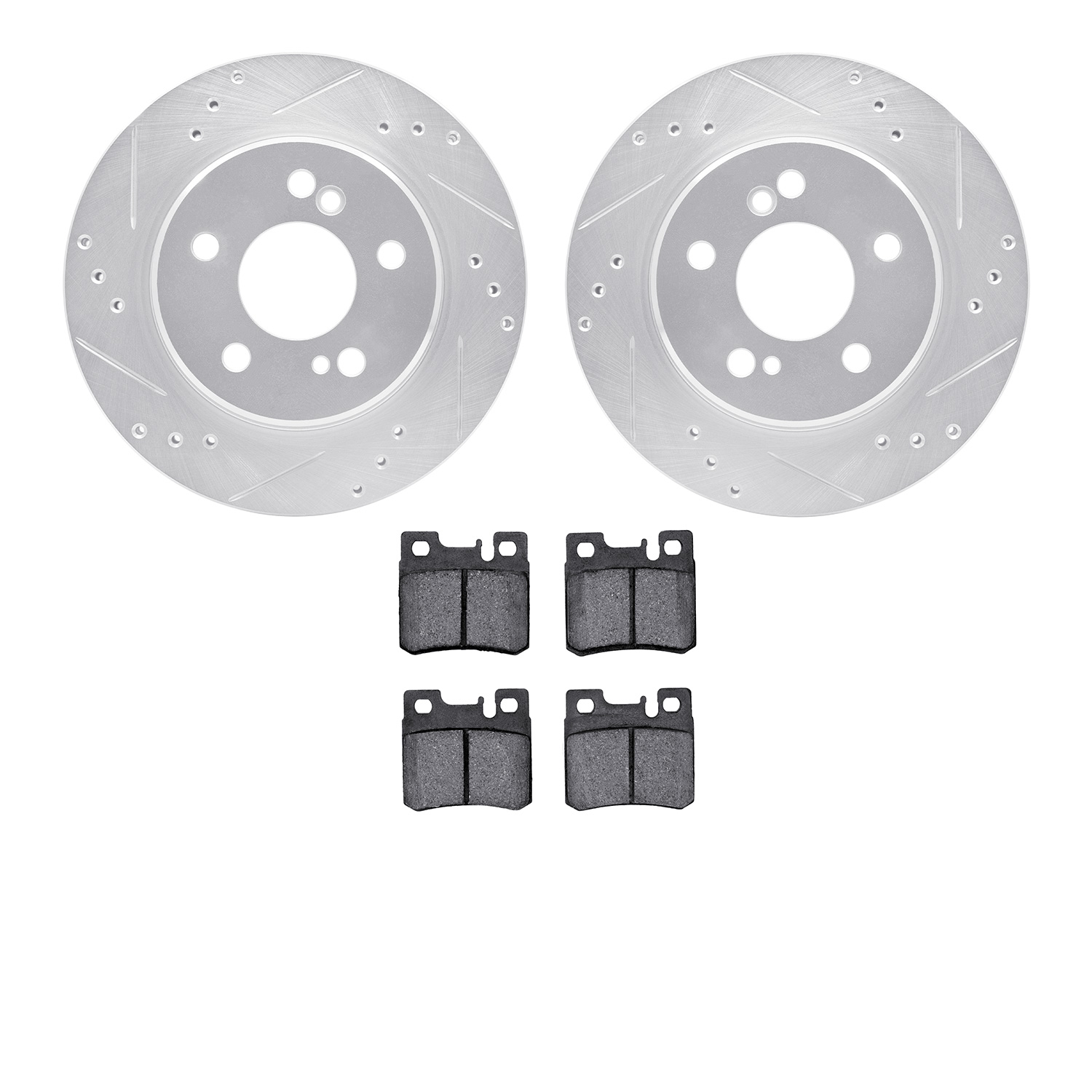 7302-63042 Drilled/Slotted Brake Rotor with 3000-Series Ceramic Brake Pads Kit [Silver], 1992-1995 Mercedes-Benz, Position: Rear