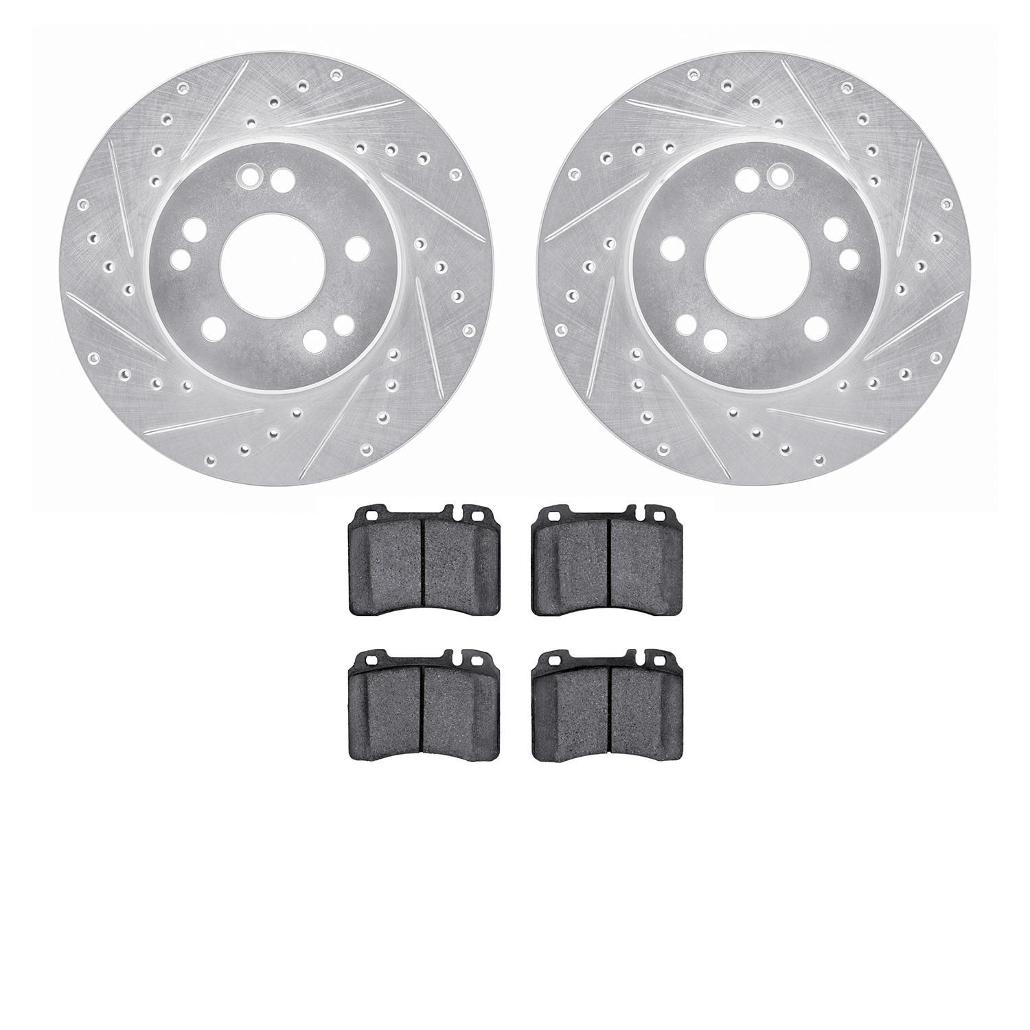 7302-63044 Drilled/Slotted Brake Rotor with 3000-Series Ceramic Brake Pads Kit [Silver], 1990-1995 Mercedes-Benz, Position: Fron
