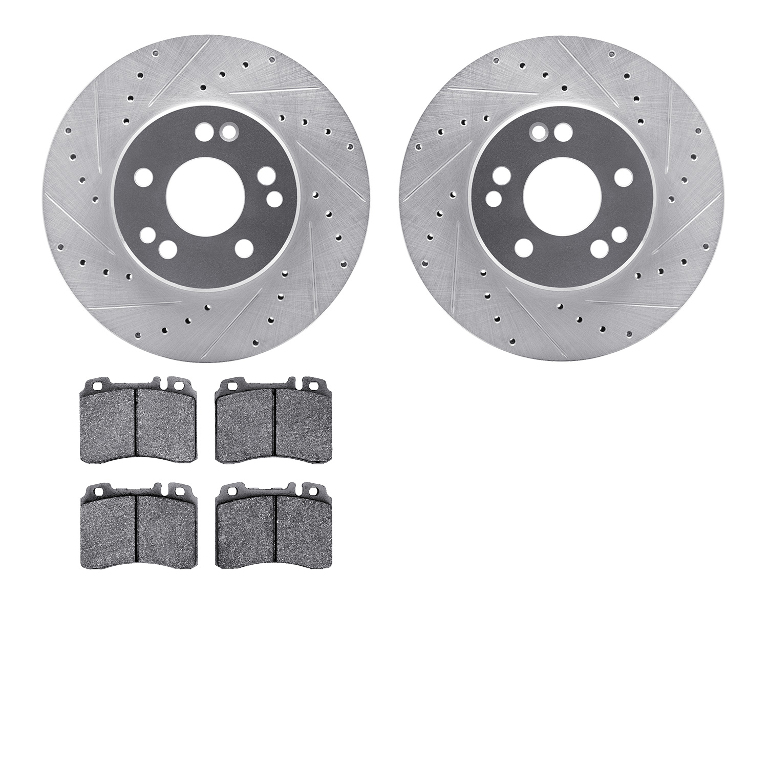 7302-63046 Drilled/Slotted Brake Rotor with 3000-Series Ceramic Brake Pads Kit [Silver], 1990-1995 Mercedes-Benz, Position: Fron