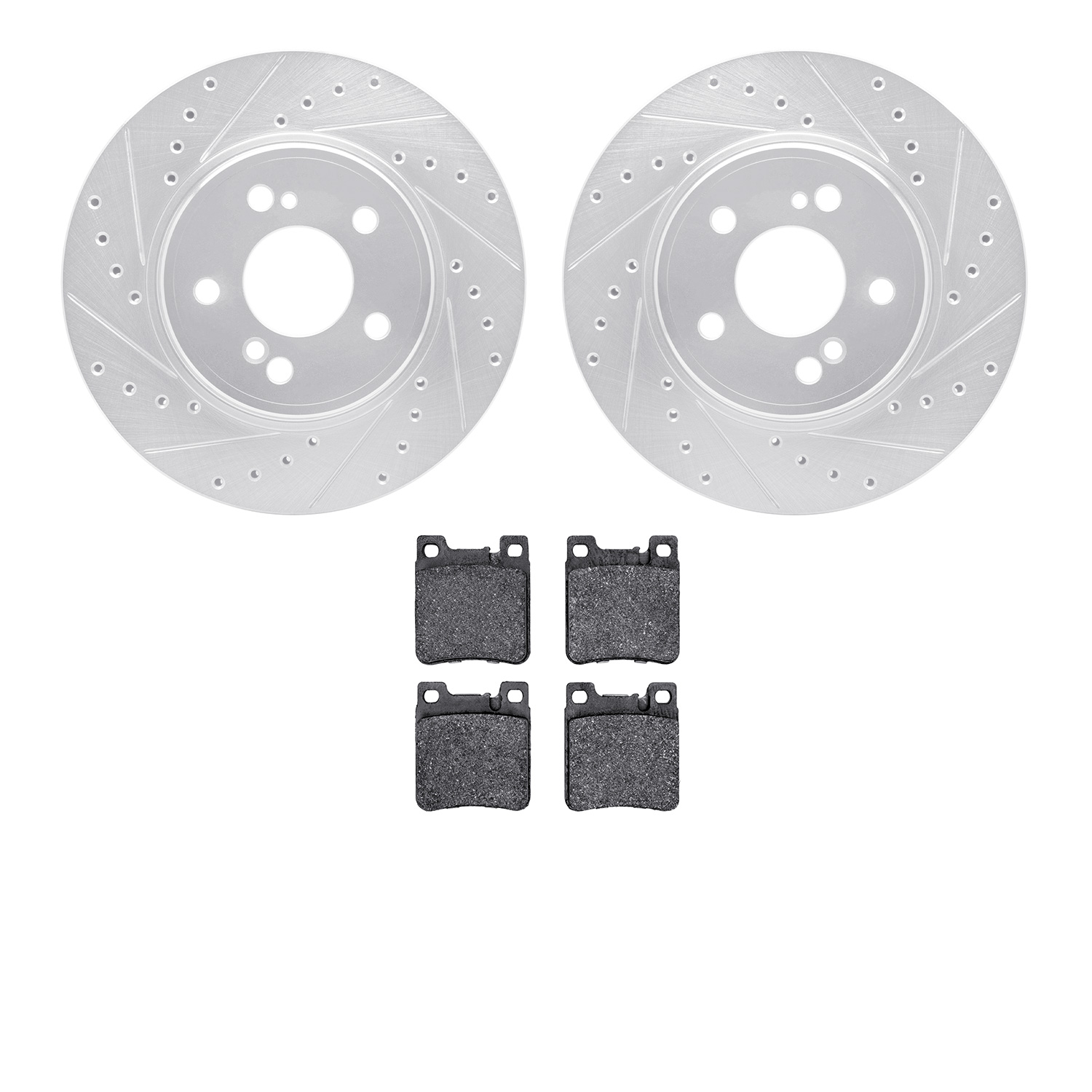 7302-63050 Drilled/Slotted Brake Rotor with 3000-Series Ceramic Brake Pads Kit [Silver], 1993-2002 Mercedes-Benz, Position: Rear