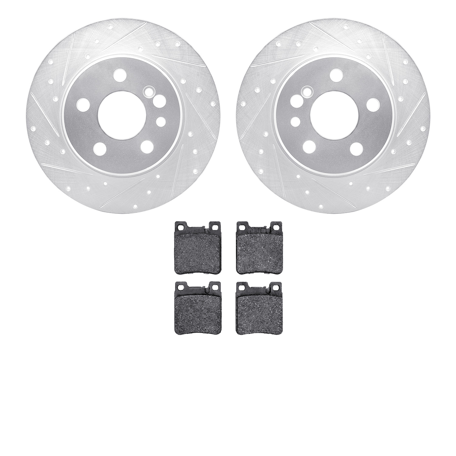 7302-63052 Drilled/Slotted Brake Rotor with 3000-Series Ceramic Brake Pads Kit [Silver], 1991-1999 Mercedes-Benz, Position: Rear