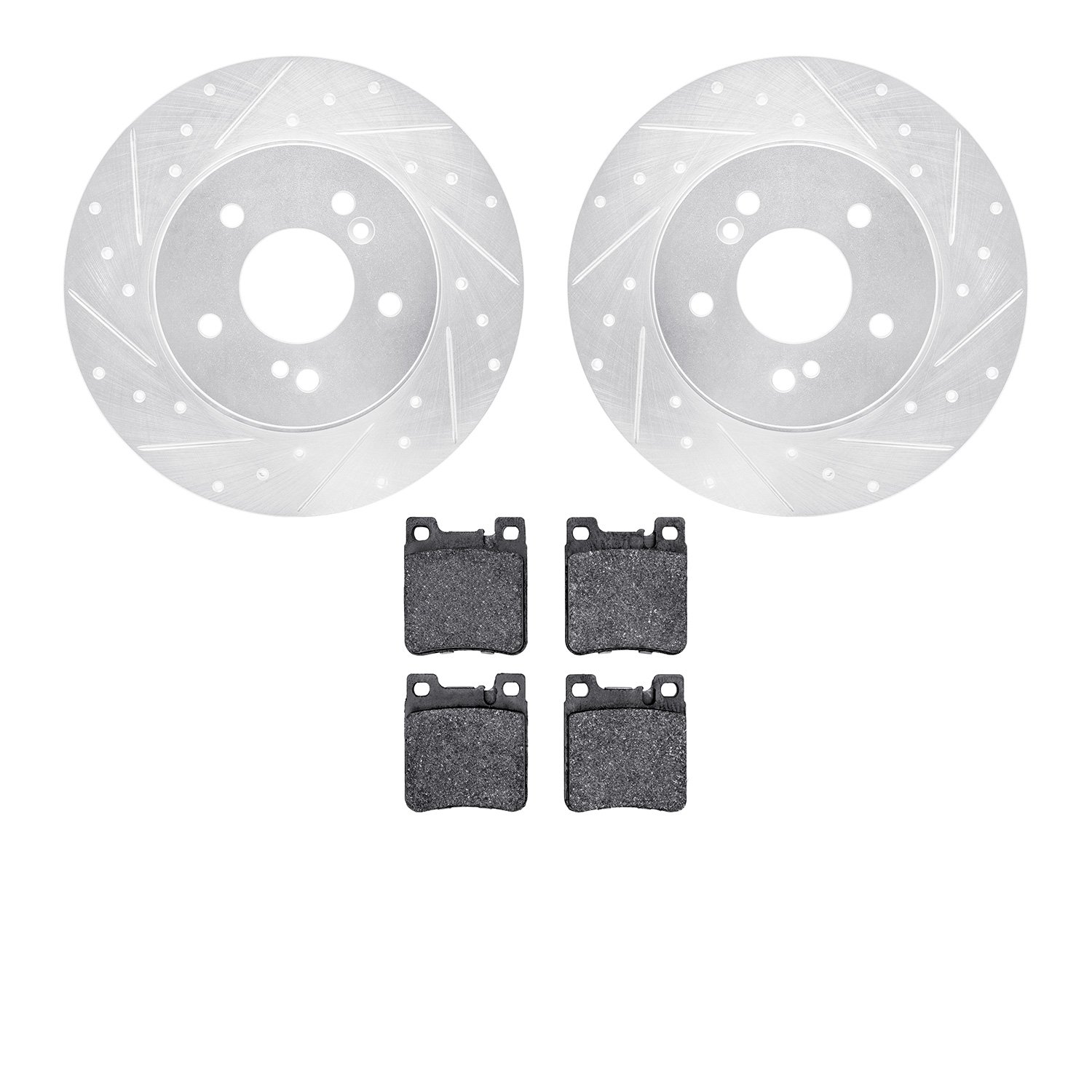 7302-63055 Drilled/Slotted Brake Rotor with 3000-Series Ceramic Brake Pads Kit [Silver], 1996-1998 Mercedes-Benz, Position: Rear