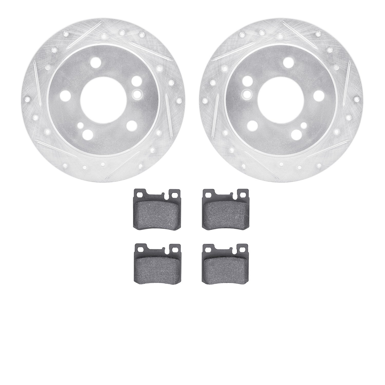 7302-63057 Drilled/Slotted Brake Rotor with 3000-Series Ceramic Brake Pads Kit [Silver], 1986-1993 Mercedes-Benz, Position: Rear