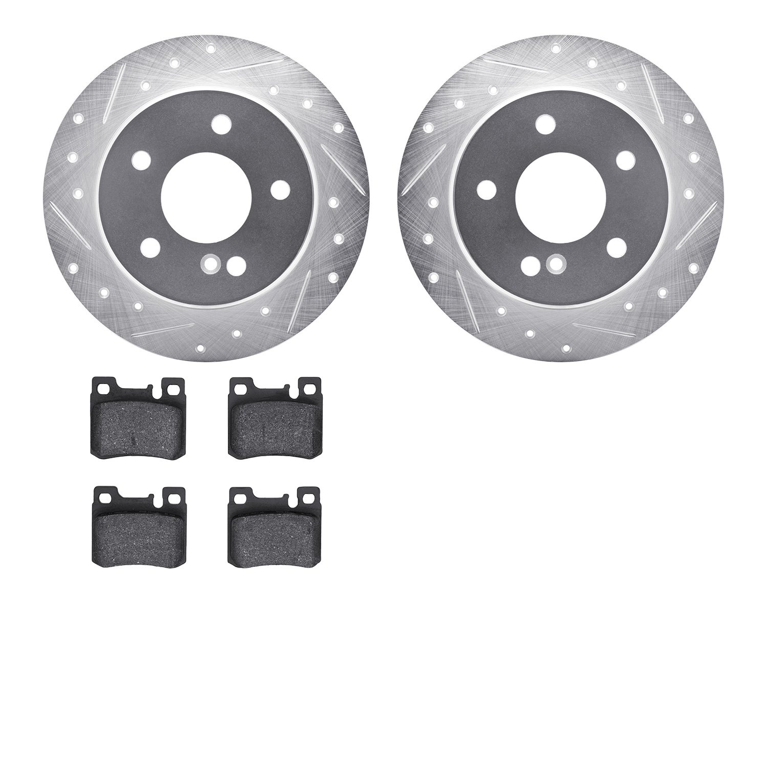 7302-63058 Drilled/Slotted Brake Rotor with 3000-Series Ceramic Brake Pads Kit [Silver], 1994-1995 Mercedes-Benz, Position: Rear
