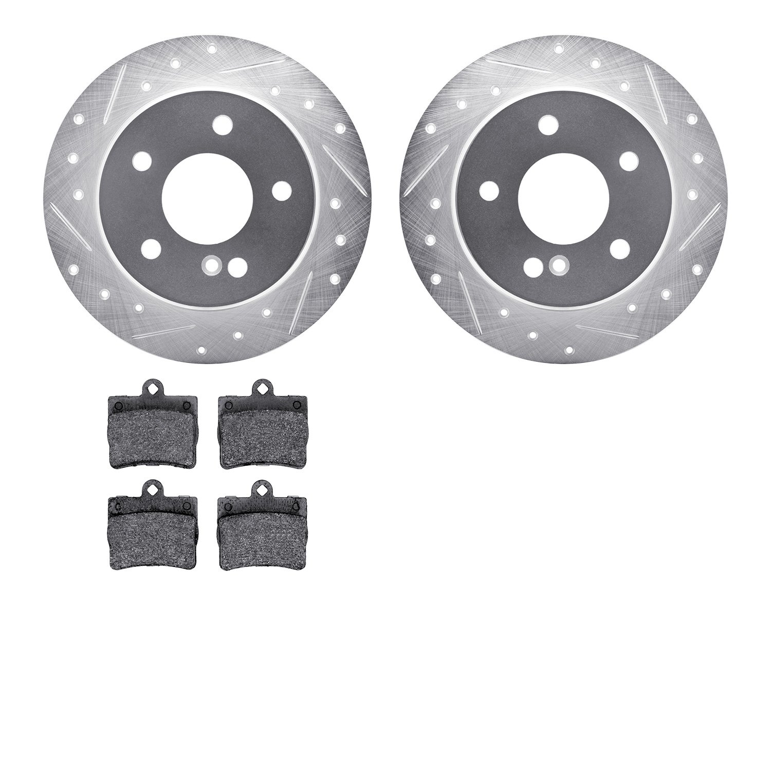 7302-63065 Drilled/Slotted Brake Rotor with 3000-Series Ceramic Brake Pads Kit [Silver], 1994-1998 Mercedes-Benz, Position: Rear