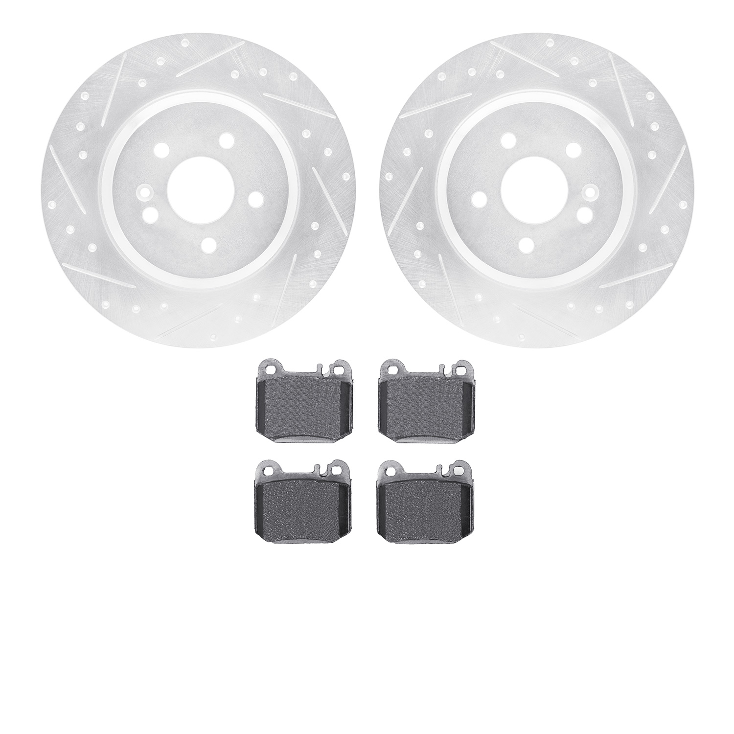 7302-63083 Drilled/Slotted Brake Rotor with 3000-Series Ceramic Brake Pads Kit [Silver], 2000-2005 Mercedes-Benz, Position: Rear