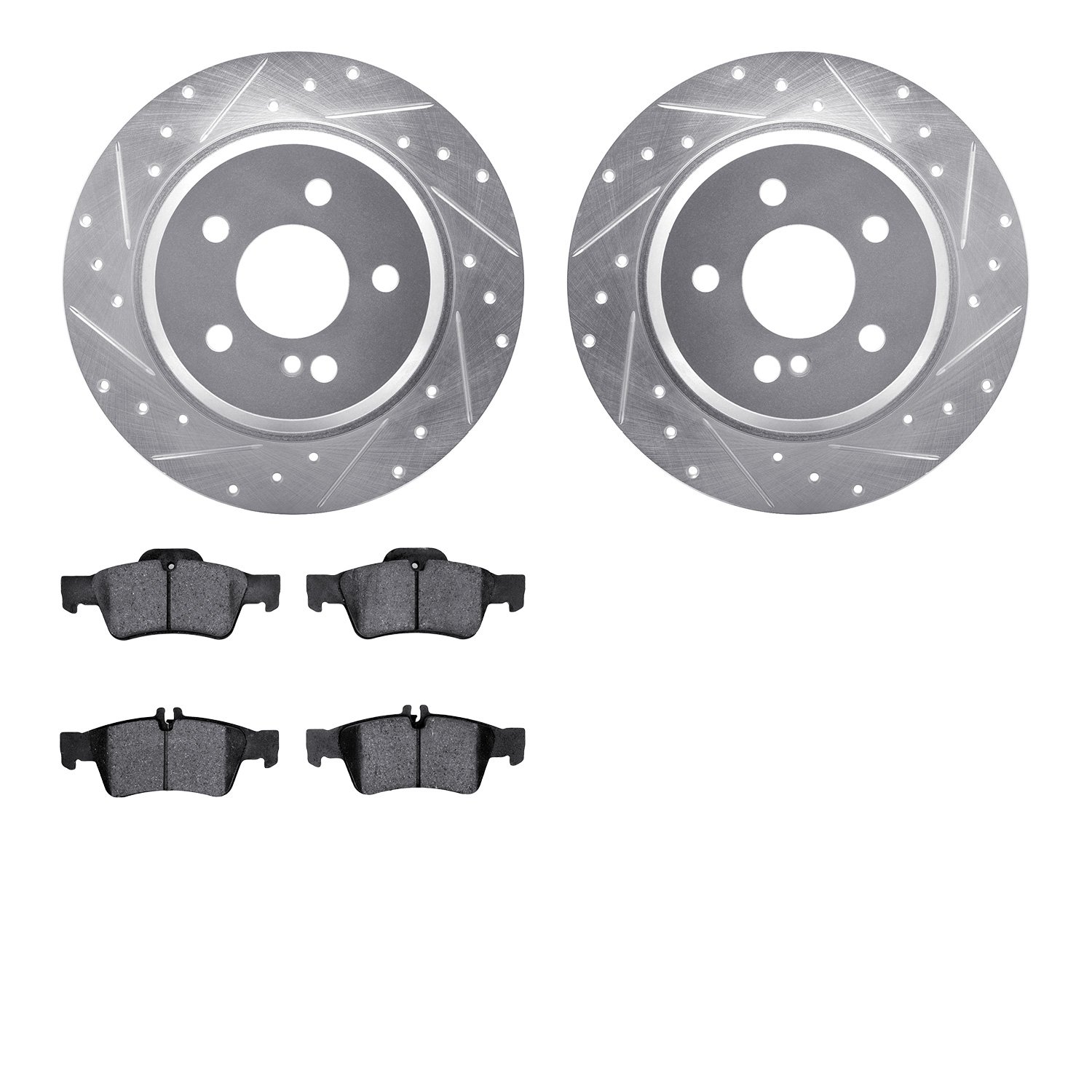 7302-63096 Drilled/Slotted Brake Rotor with 3000-Series Ceramic Brake Pads Kit [Silver], 2003-2016 Mercedes-Benz, Position: Rear