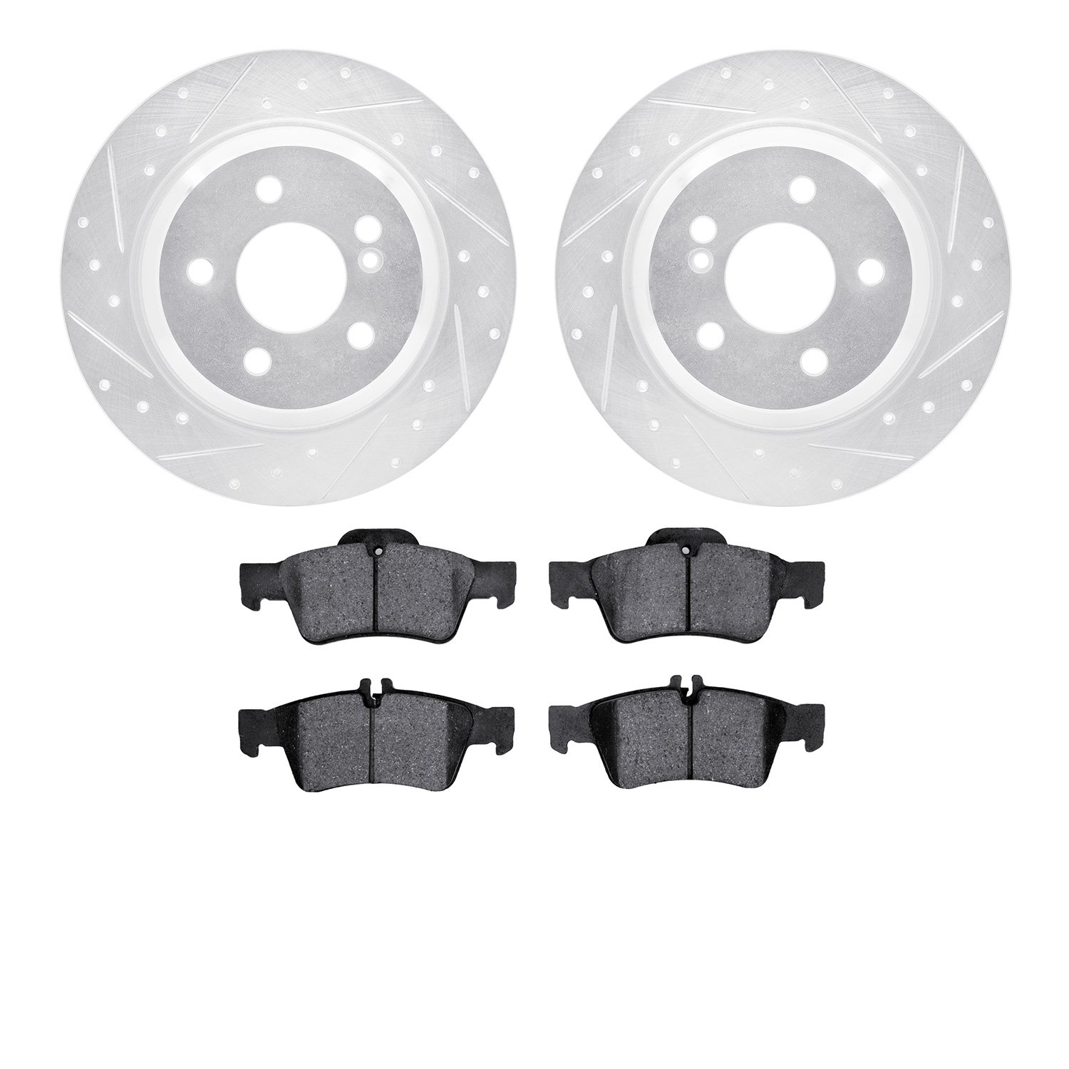 7302-63098 Drilled/Slotted Brake Rotor with 3000-Series Ceramic Brake Pads Kit [Silver], 2003-2006 Mercedes-Benz, Position: Rear