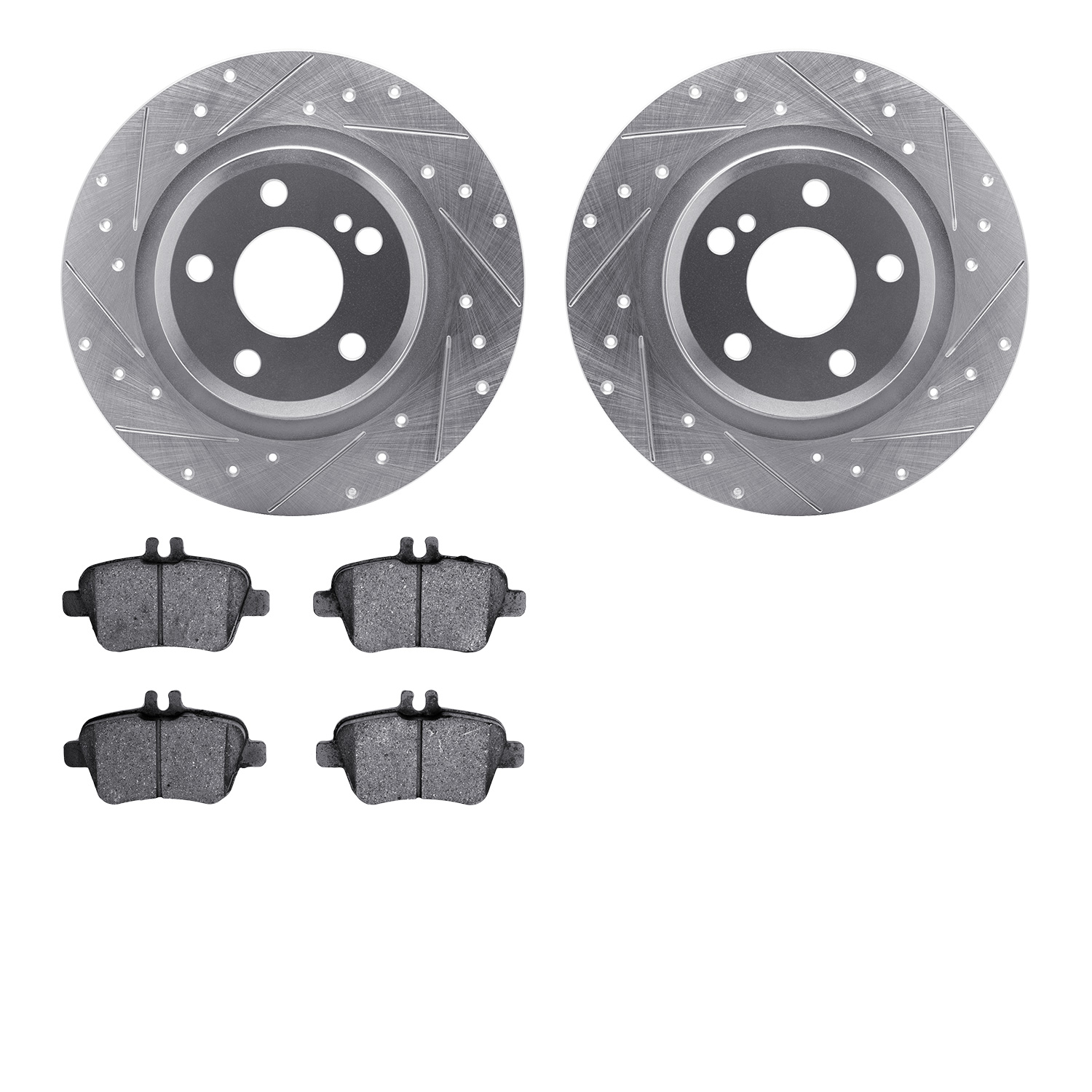 7302-63138 Drilled/Slotted Brake Rotor with 3000-Series Ceramic Brake Pads Kit [Silver], 2012-2020 Mercedes-Benz, Position: Rear