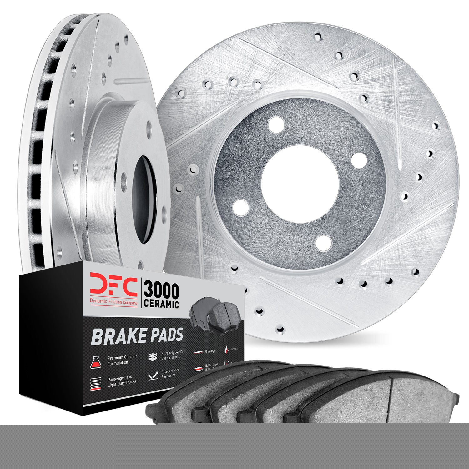 7302-65006 Drilled/Slotted Brake Rotor with 3000-Series Ceramic Brake Pads Kit [Silver], 1986-1986 GM, Position: Front