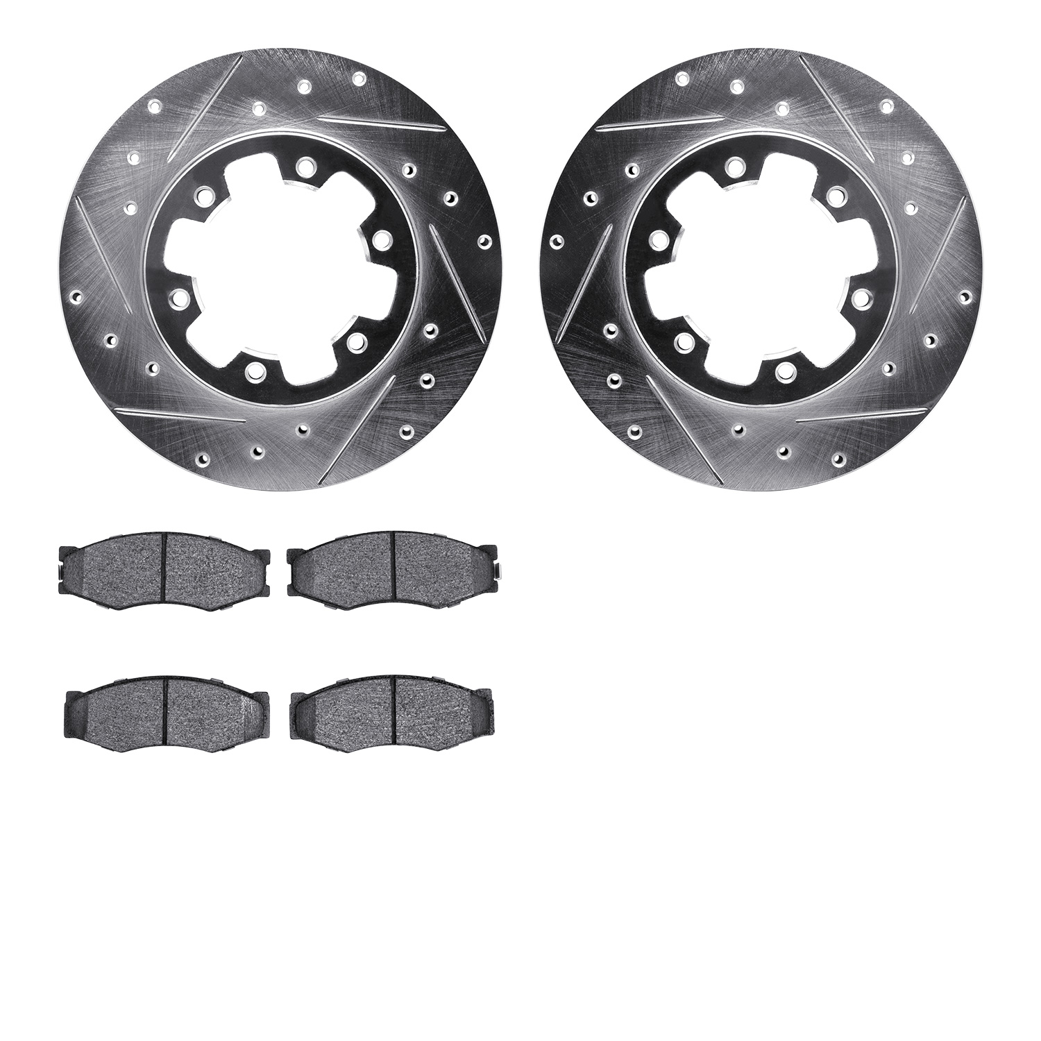 7302-67023 Drilled/Slotted Brake Rotor with 3000-Series Ceramic Brake Pads Kit [Silver], 1983-1985 Infiniti/Nissan, Position: Fr