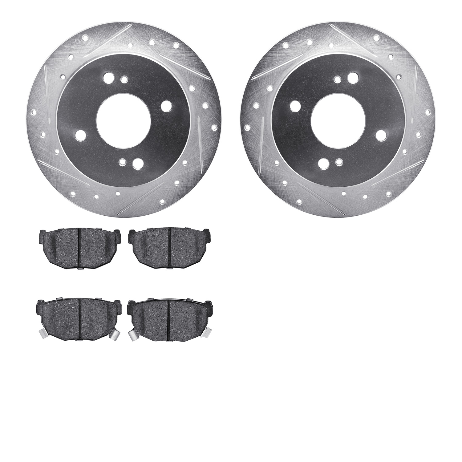 7302-67028 Drilled/Slotted Brake Rotor with 3000-Series Ceramic Brake Pads Kit [Silver], 1982-1988 Infiniti/Nissan, Position: Re
