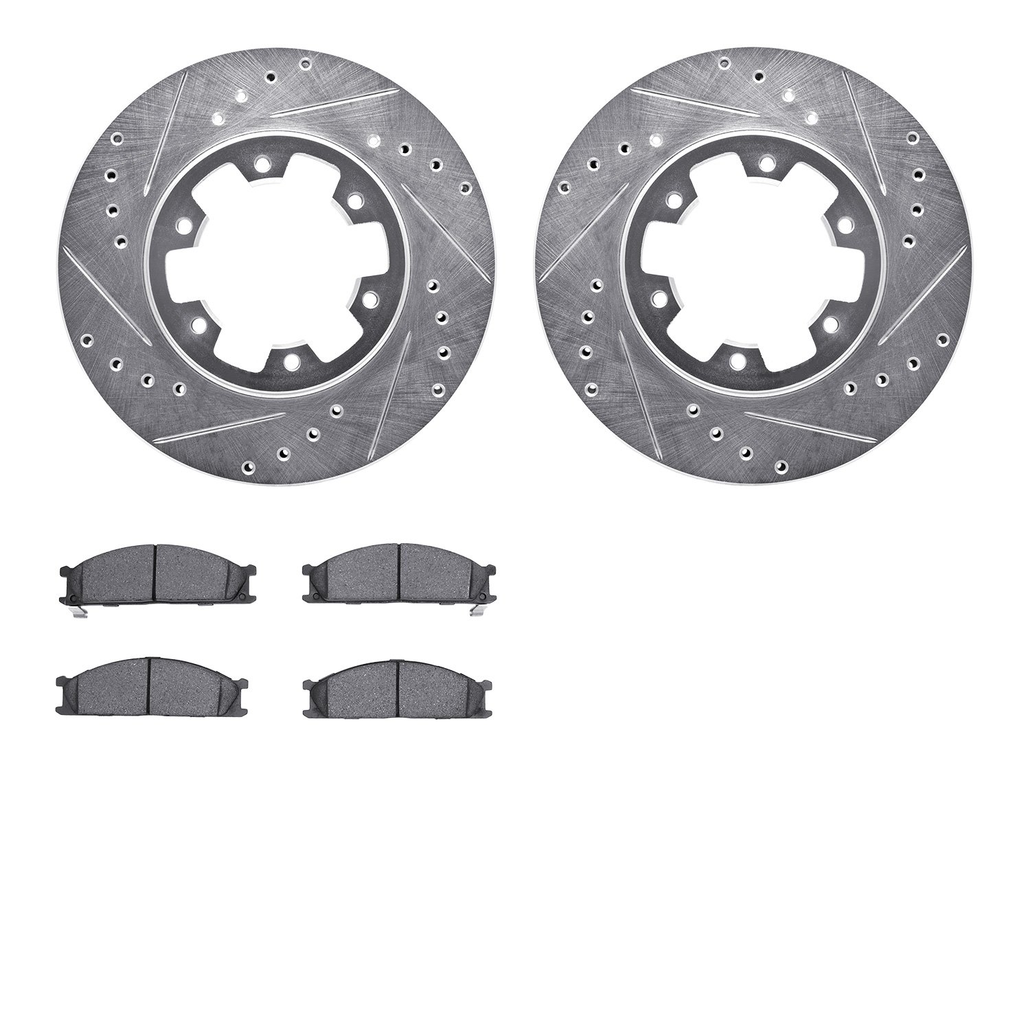 7302-67050 Drilled/Slotted Brake Rotor with 3000-Series Ceramic Brake Pads Kit [Silver], 1985-2002 Infiniti/Nissan, Position: Fr