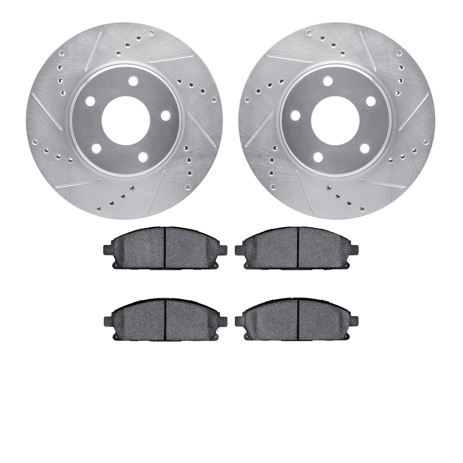 7302-67079 Drilled/Slotted Brake Rotor with 3000-Series Ceramic Brake Pads Kit [Silver], 2004-2017 Infiniti/Nissan, Position: Fr