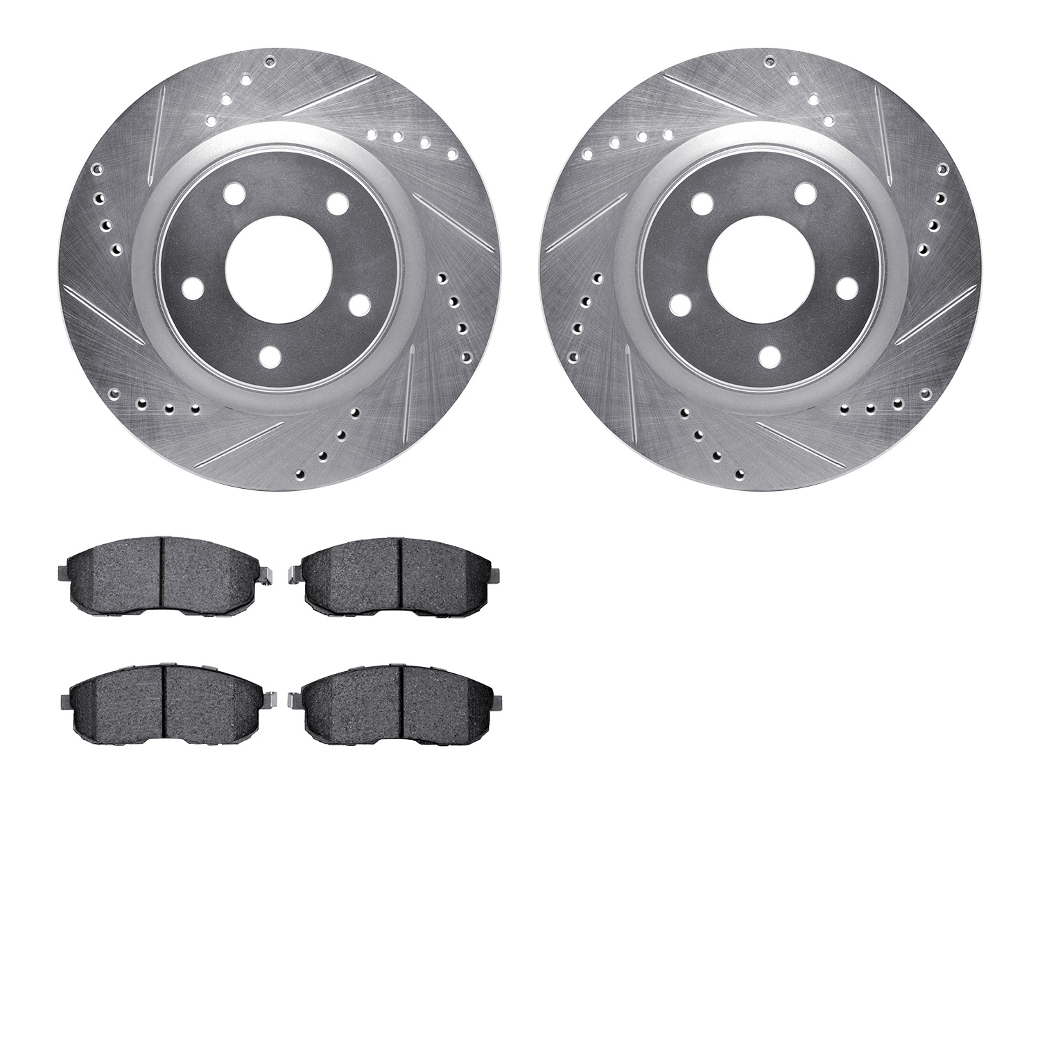 7302-67086 Drilled/Slotted Brake Rotor with 3000-Series Ceramic Brake Pads Kit [Silver], 2011-2019 Infiniti/Nissan, Position: Fr