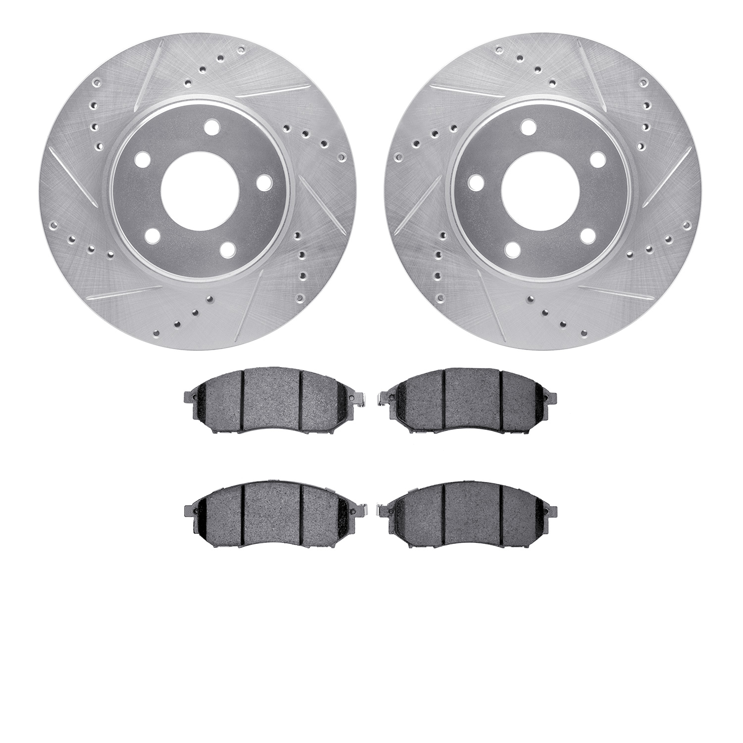 7302-67093 Drilled/Slotted Brake Rotor with 3000-Series Ceramic Brake Pads Kit [Silver], 2002-2006 Infiniti/Nissan, Position: Fr