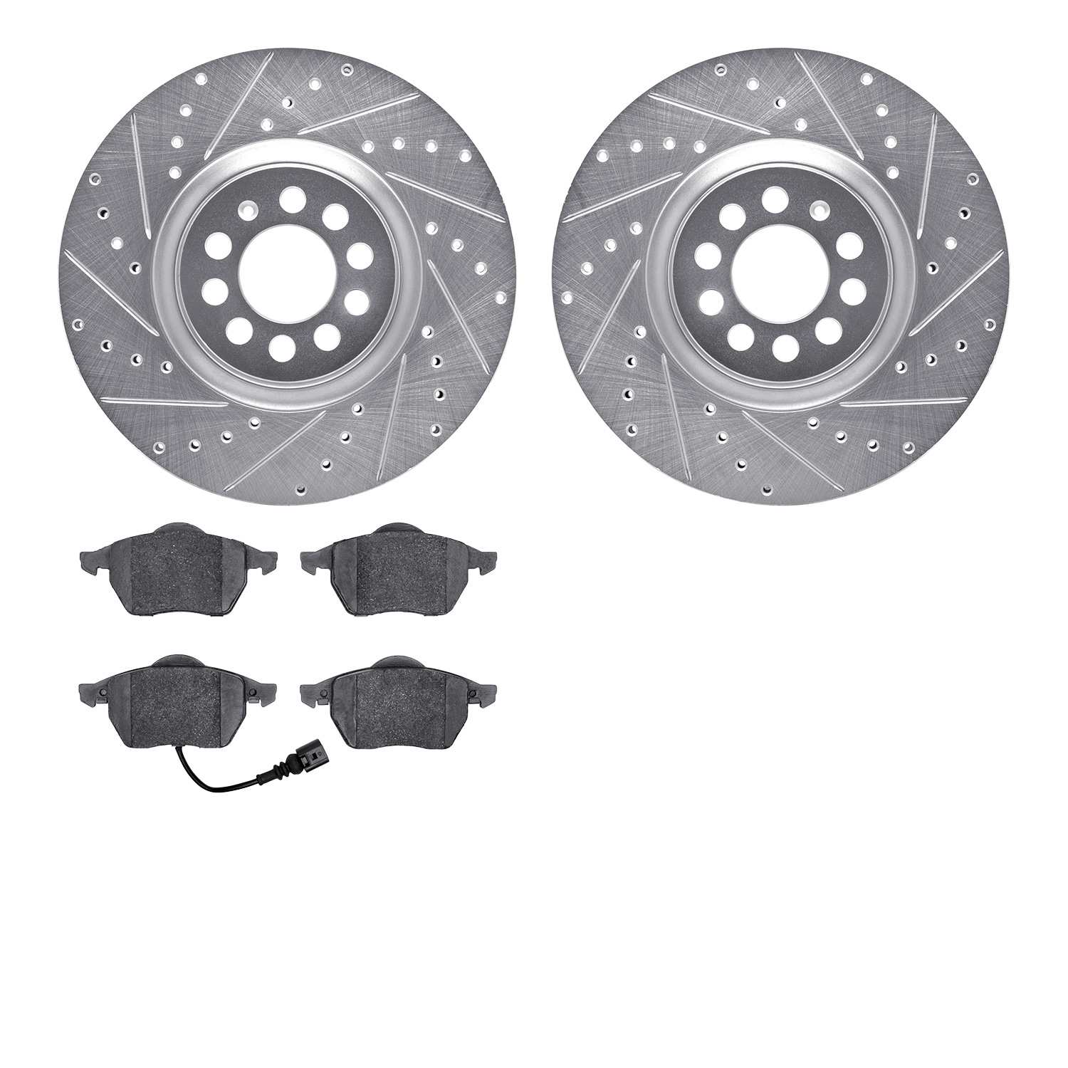 7302-74054 Drilled/Slotted Brake Rotor with 3000-Series Ceramic Brake Pads Kit [Silver], 2000-2006 Audi/Volkswagen, Position: Fr