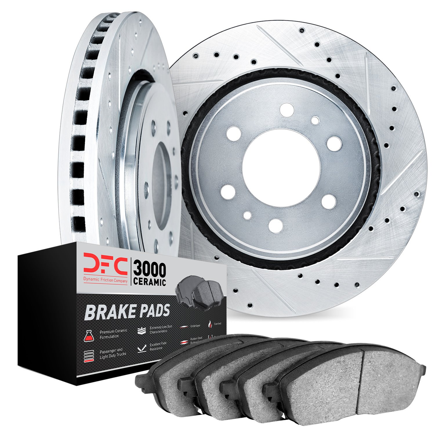 7302-92030 Drilled/Slotted Brake Rotor with 3000-Series Ceramic Brake Pads Kit [Silver], 2008-2017 Mitsubishi, Position: Front