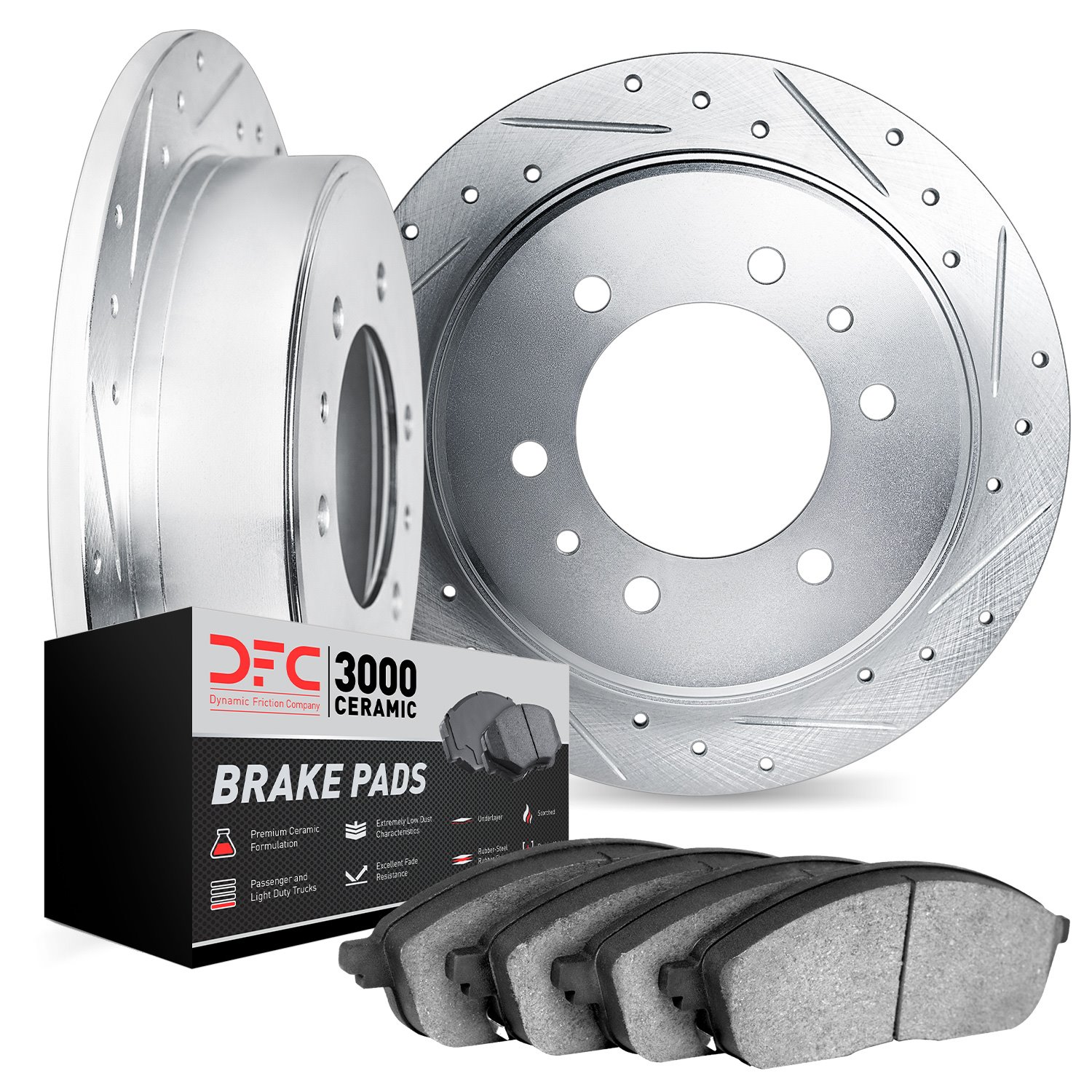 7302-92050 Drilled/Slotted Brake Rotor with 3000-Series Ceramic Brake Pads Kit [Silver], 2002-2018 Infiniti/Nissan, Position: Fr