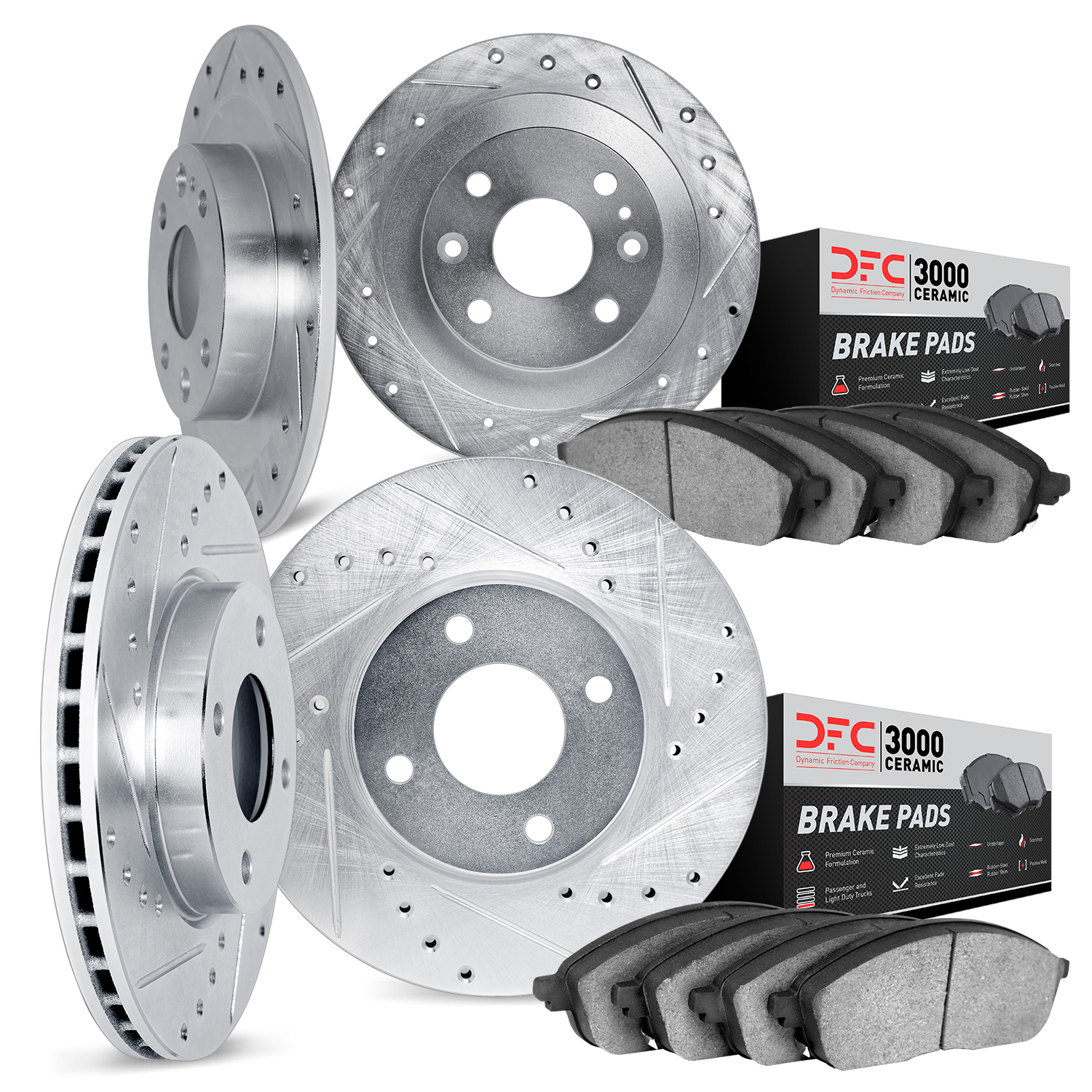 7304-07003 Drilled/Slotted Brake Rotor with 3000-Series Ceramic Brake Pads Kit [Silver], 2013-2019 Mopar, Position: Front and Re