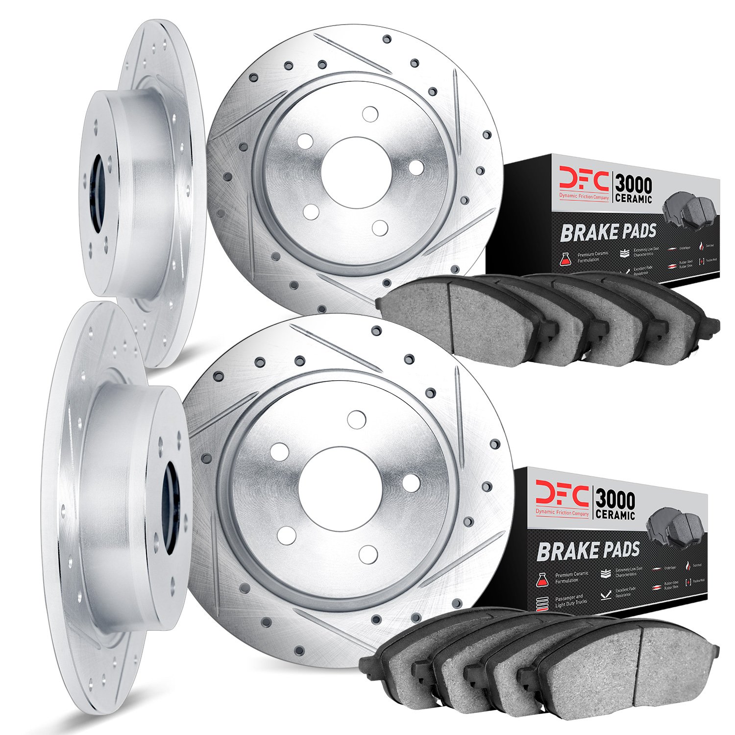 7304-27008 Drilled/Slotted Brake Rotor with 3000-Series Ceramic Brake Pads Kit [Silver], 1975-1987 Volvo, Position: Front and Re