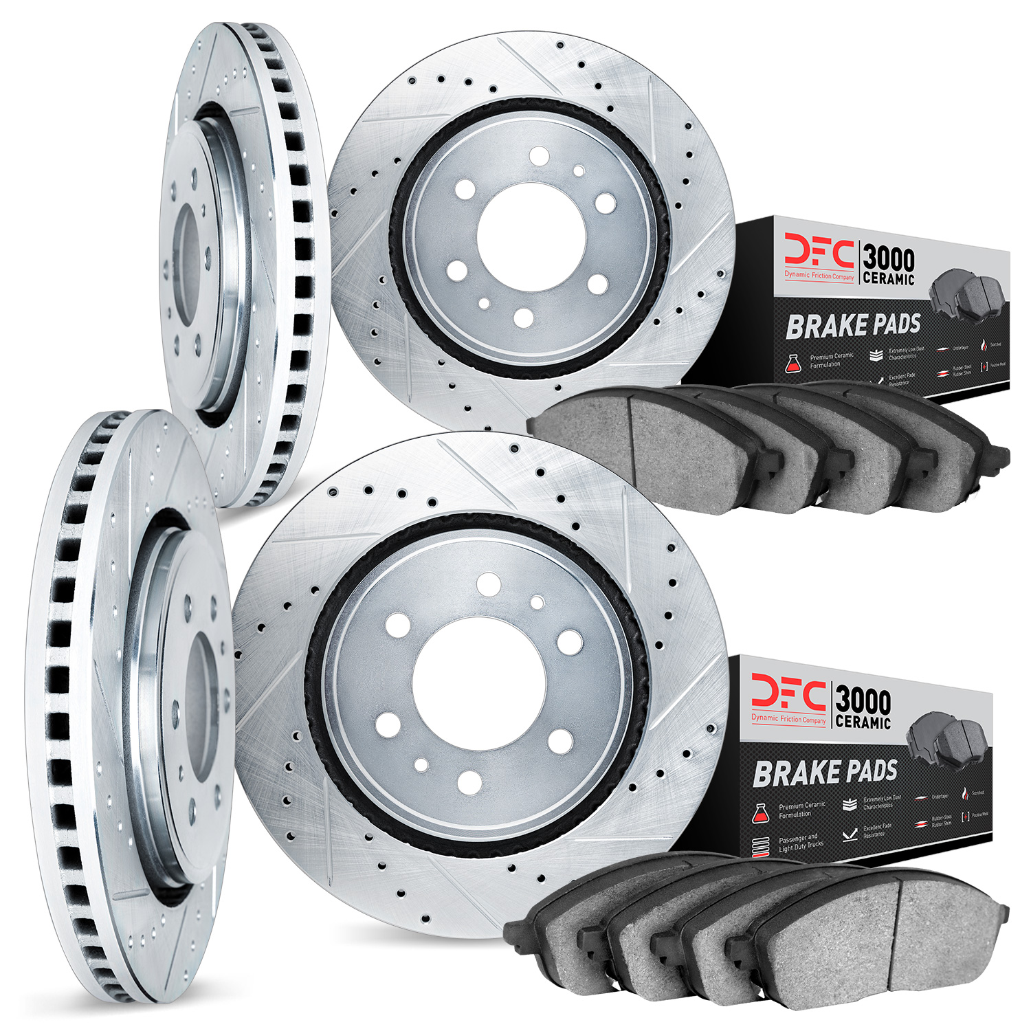 7304-48038 Drilled/Slotted Brake Rotor with 3000-Series Ceramic Brake Pads Kit [Silver], 2017-2020 GM, Position: Front and Rear