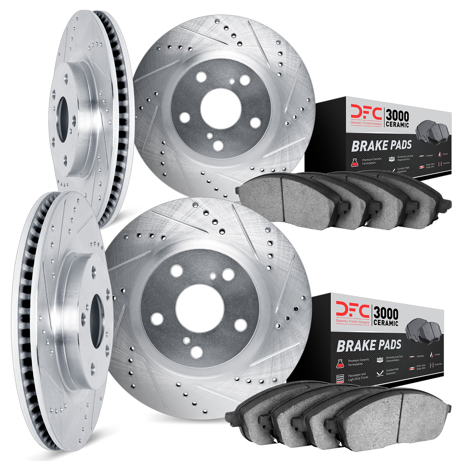 7304-67075 Drilled/Slotted Brake Rotor with 3000-Series Ceramic Brake Pads Kit [Silver], 2014-2017 Infiniti/Nissan, Position: Fr