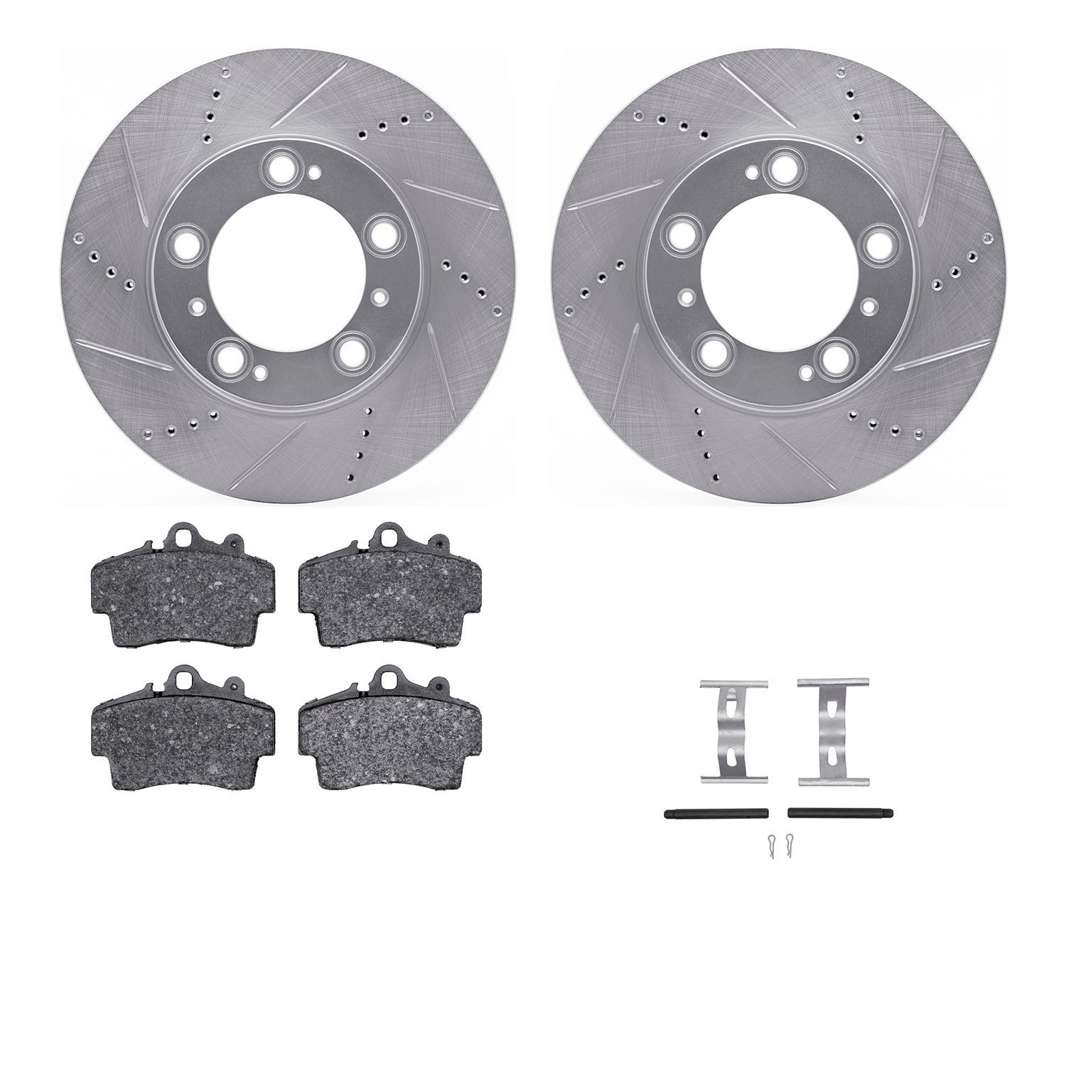 7312-02012 Drilled/Slotted Brake Rotor with 3000-Series Ceramic Brake Pads Kit & Hardware [Silver], 1997-2004 Porsche, Position: