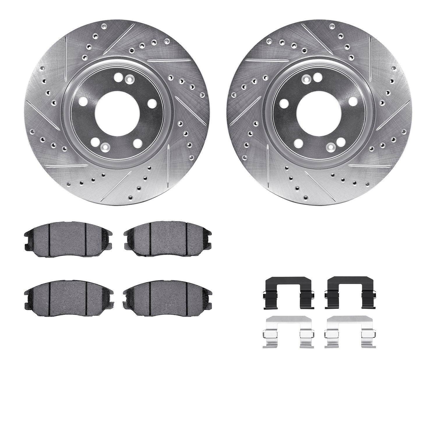 7312-03028 Drilled/Slotted Brake Rotor with 3000-Series Ceramic Brake Pads Kit & Hardware [Silver], 2004-2006 Kia/Hyundai/Genesi