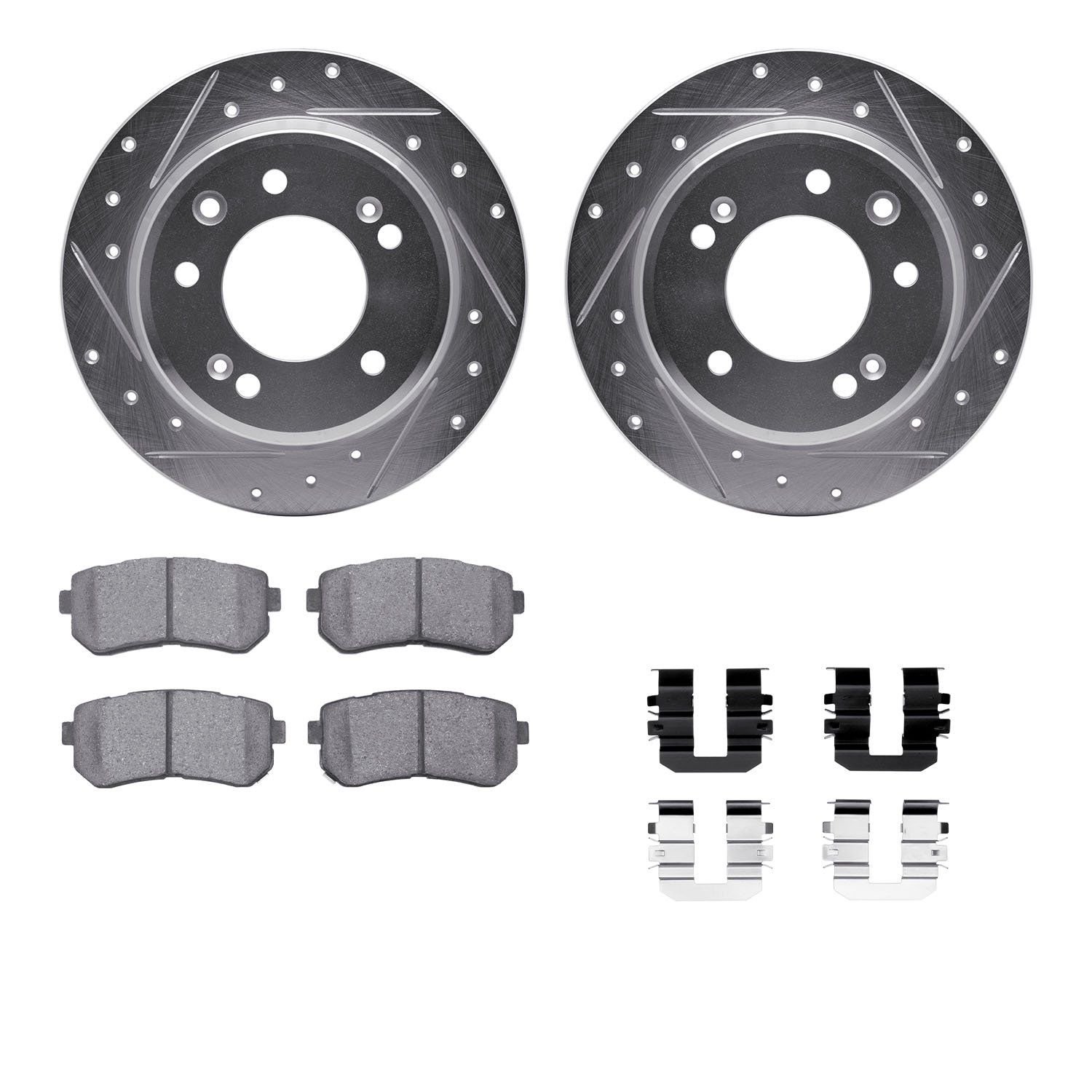 7312-03038 Drilled/Slotted Brake Rotor with 3000-Series Ceramic Brake Pads Kit & Hardware [Silver], 2009-2016 Kia/Hyundai/Genesi