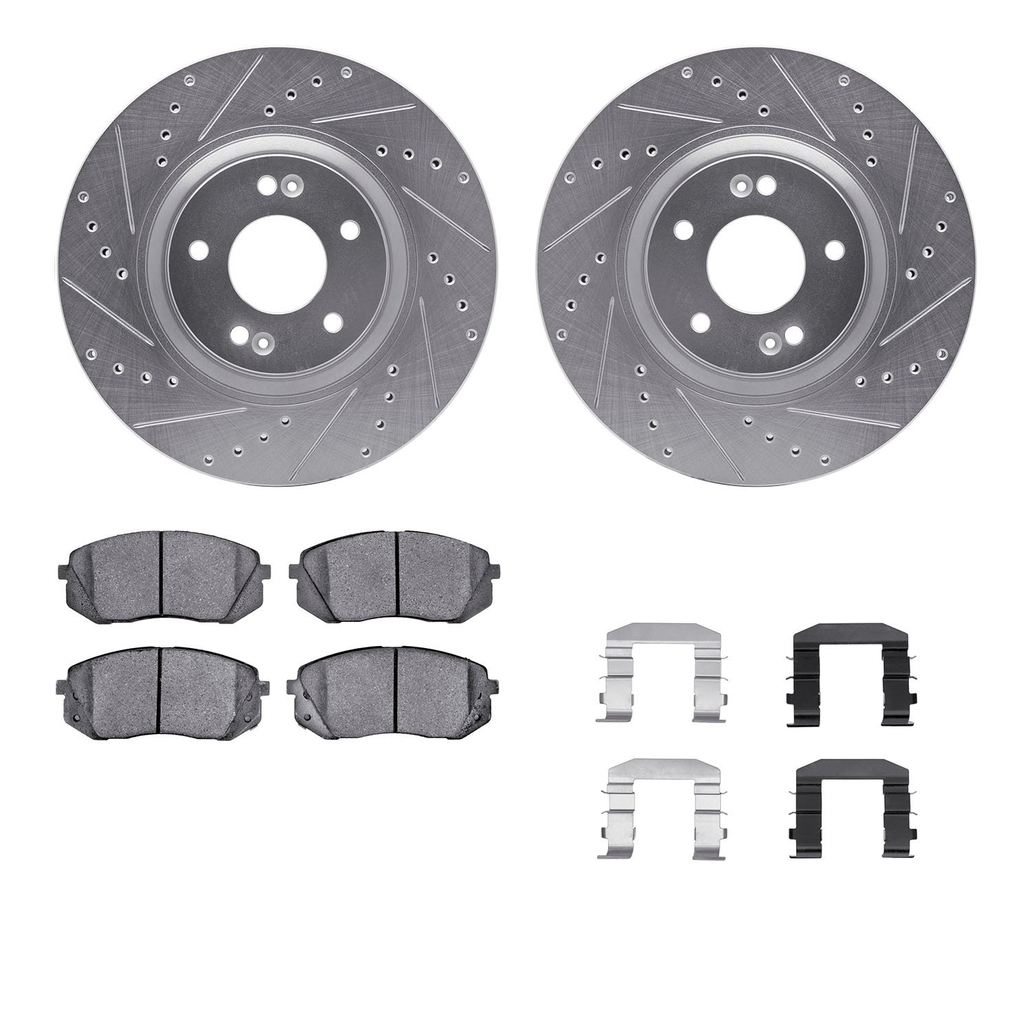 7312-03044 Drilled/Slotted Brake Rotor with 3000-Series Ceramic Brake Pads Kit & Hardware [Silver], 2014-2017 Kia/Hyundai/Genesi