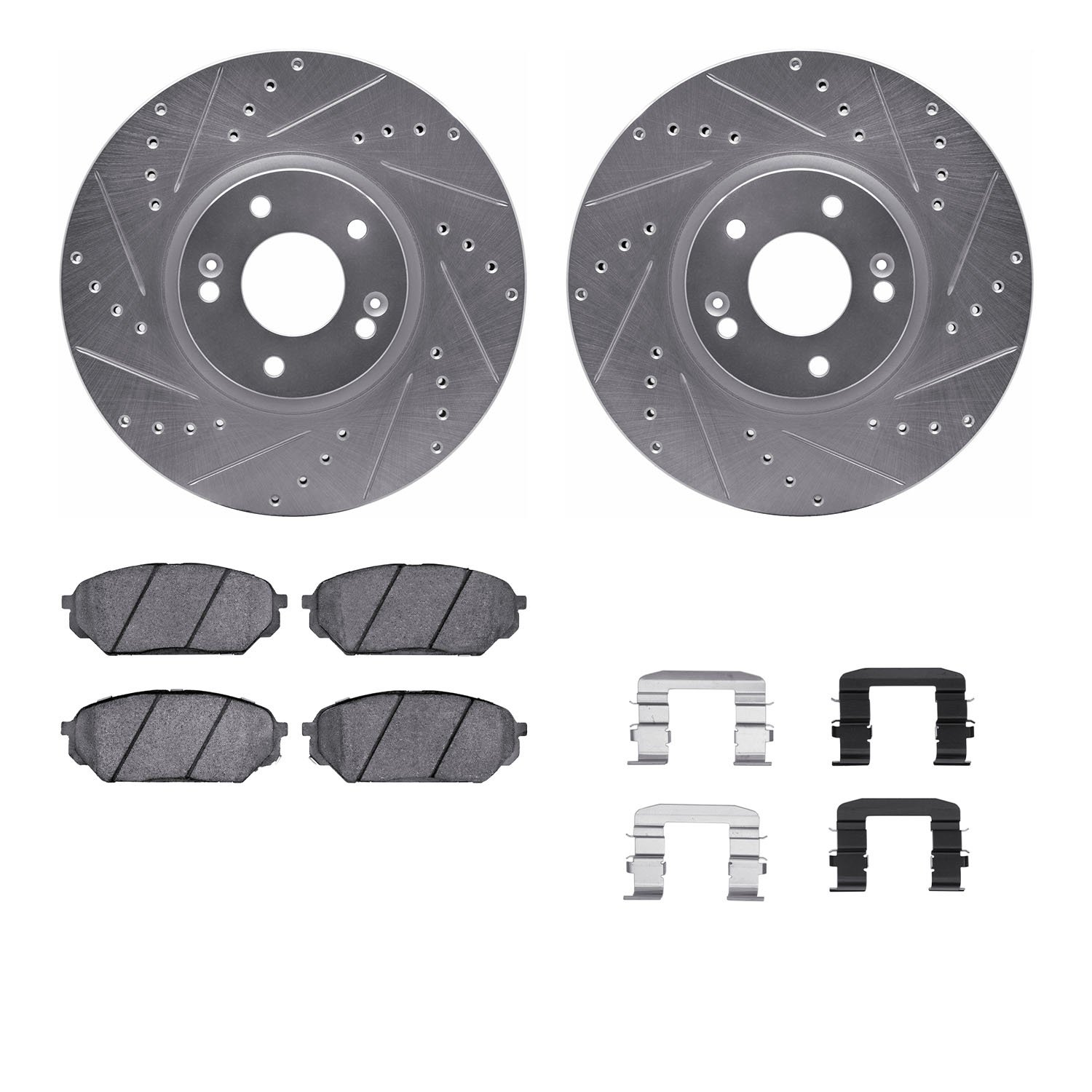 7312-03049 Drilled/Slotted Brake Rotor with 3000-Series Ceramic Brake Pads Kit & Hardware [Silver], 2007-2012 Kia/Hyundai/Genesi