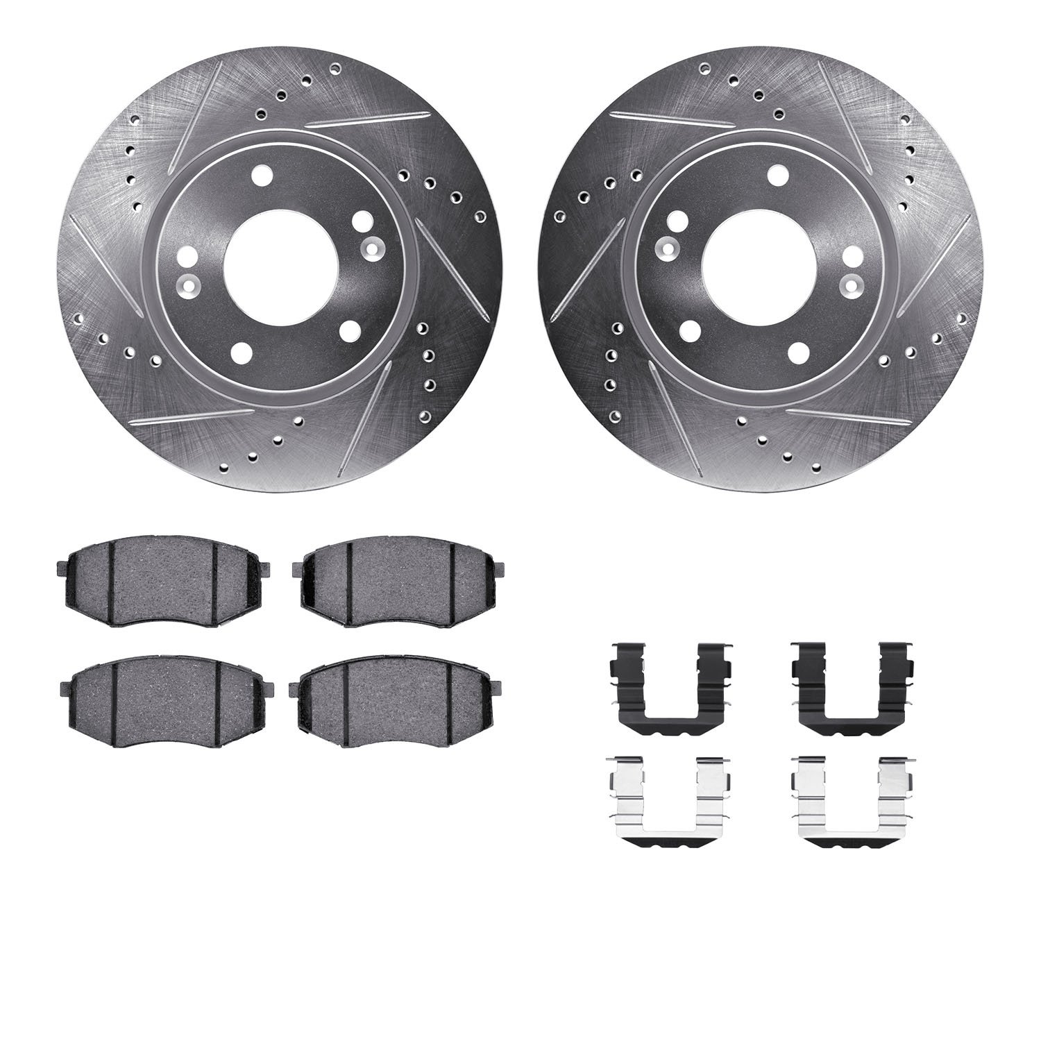 7312-03067 Drilled/Slotted Brake Rotor with 3000-Series Ceramic Brake Pads Kit & Hardware [Silver], 2010-2011 Kia/Hyundai/Genesi