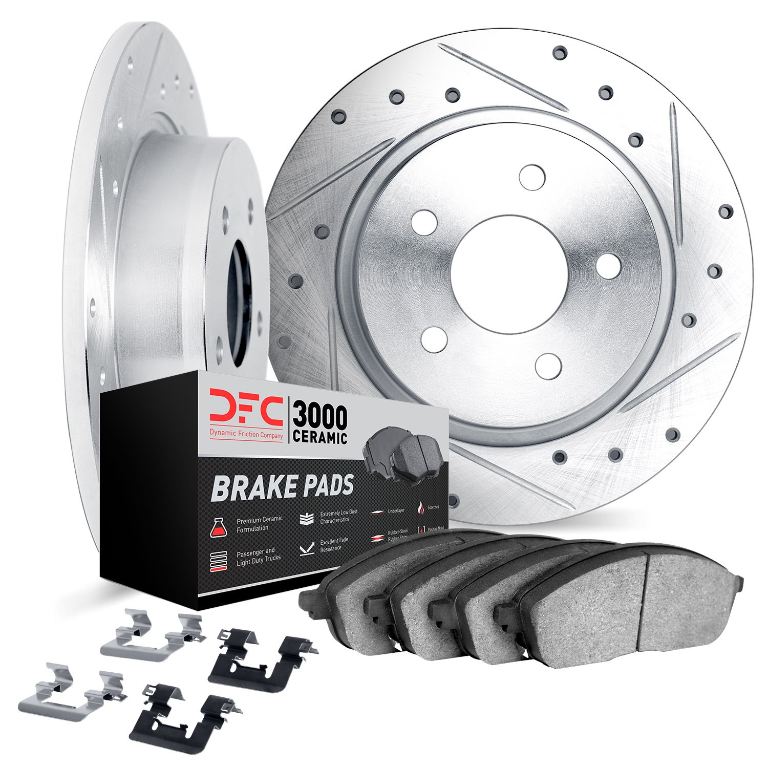 7312-03082 Drilled/Slotted Brake Rotor with 3000-Series Ceramic Brake Pads Kit & Hardware [Silver], Fits Select Kia/Hyundai/Gene