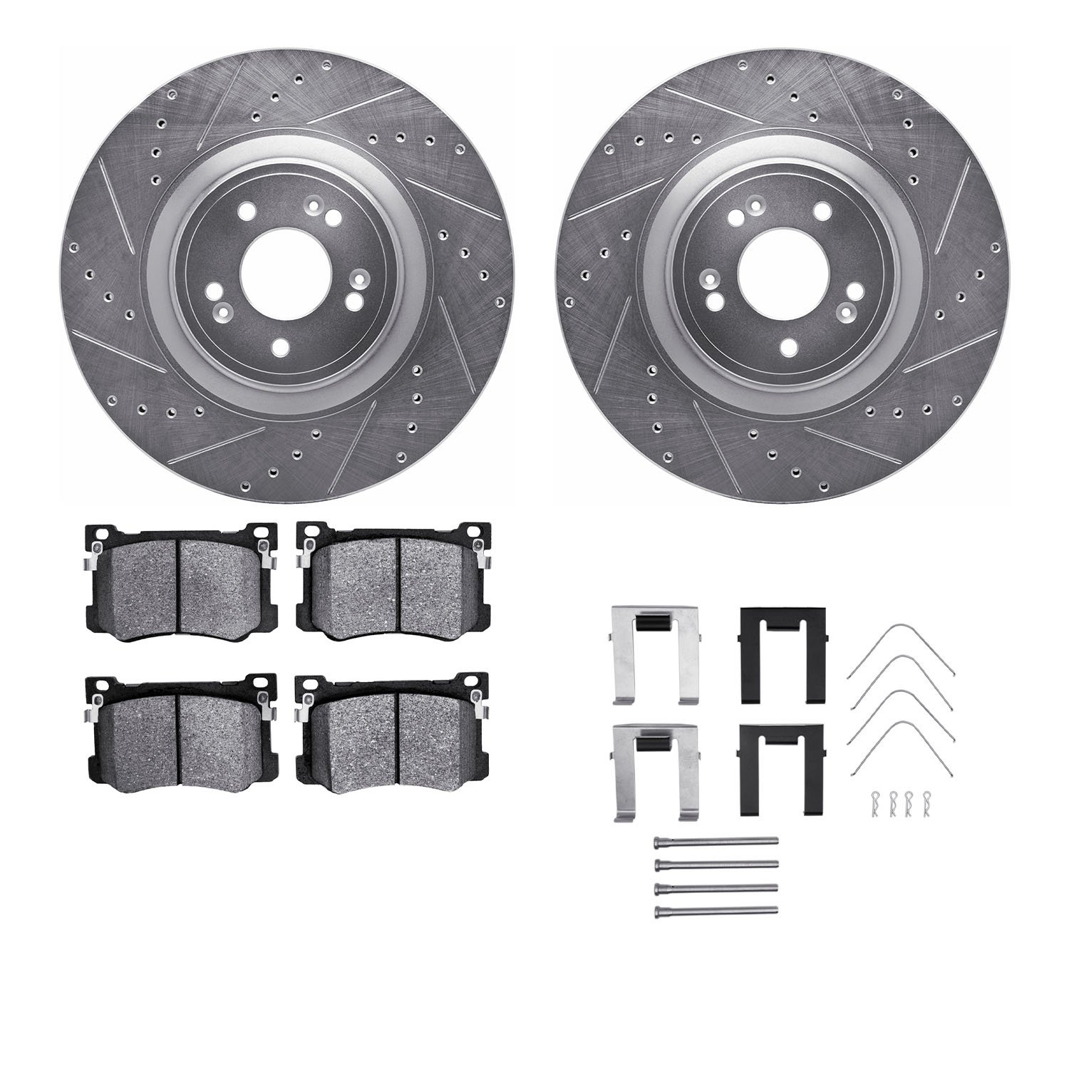 7312-03104 Drilled/Slotted Brake Rotor with 3000-Series Ceramic Brake Pads Kit & Hardware [Silver], 2018-2020 Kia/Hyundai/Genesi