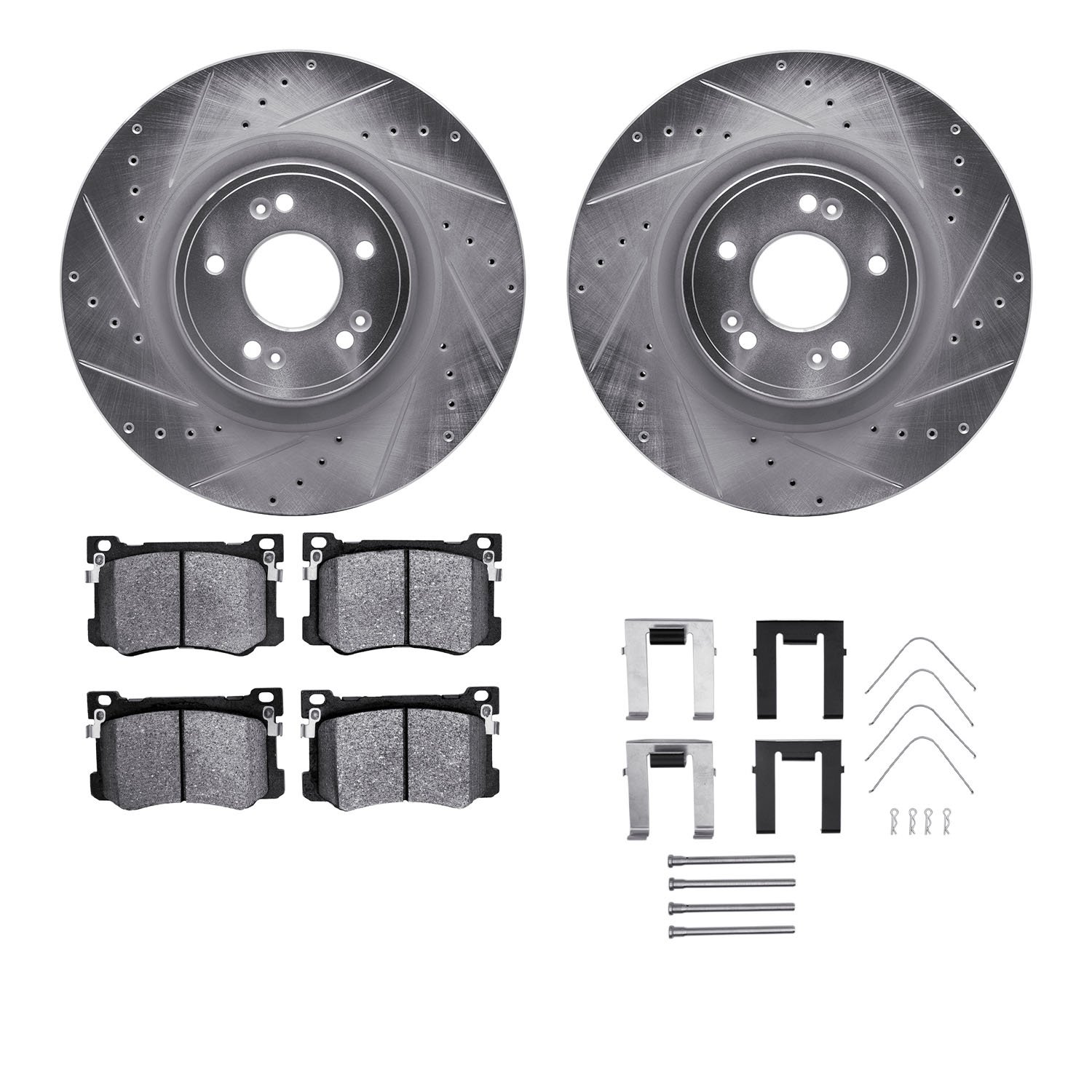 7312-03105 Drilled/Slotted Brake Rotor with 3000-Series Ceramic Brake Pads Kit & Hardware [Silver], 2018-2020 Kia/Hyundai/Genesi
