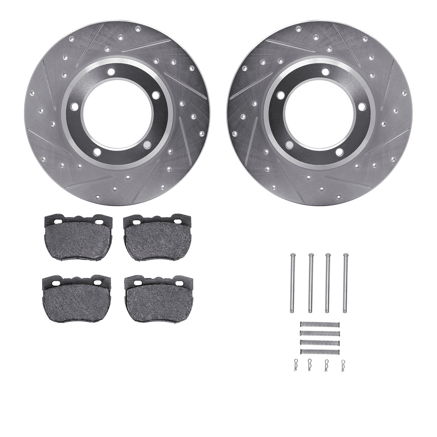 7312-11007 Drilled/Slotted Brake Rotor with 3000-Series Ceramic Brake Pads Kit & Hardware [Silver], 1994-1999 Land Rover, Positi