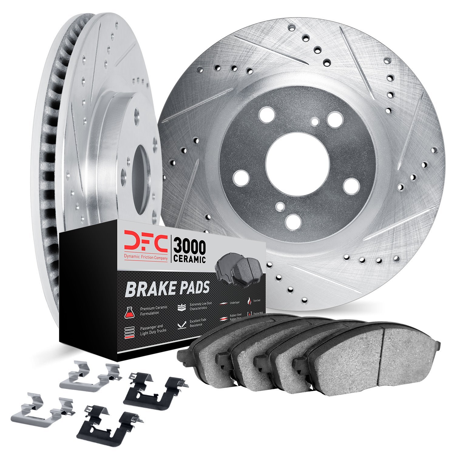 7312-13028 Drilled/Slotted Brake Rotor with 3000-Series Ceramic Brake Pads Kit & Hardware [Silver], 2002-2008 GM, Position: Fron